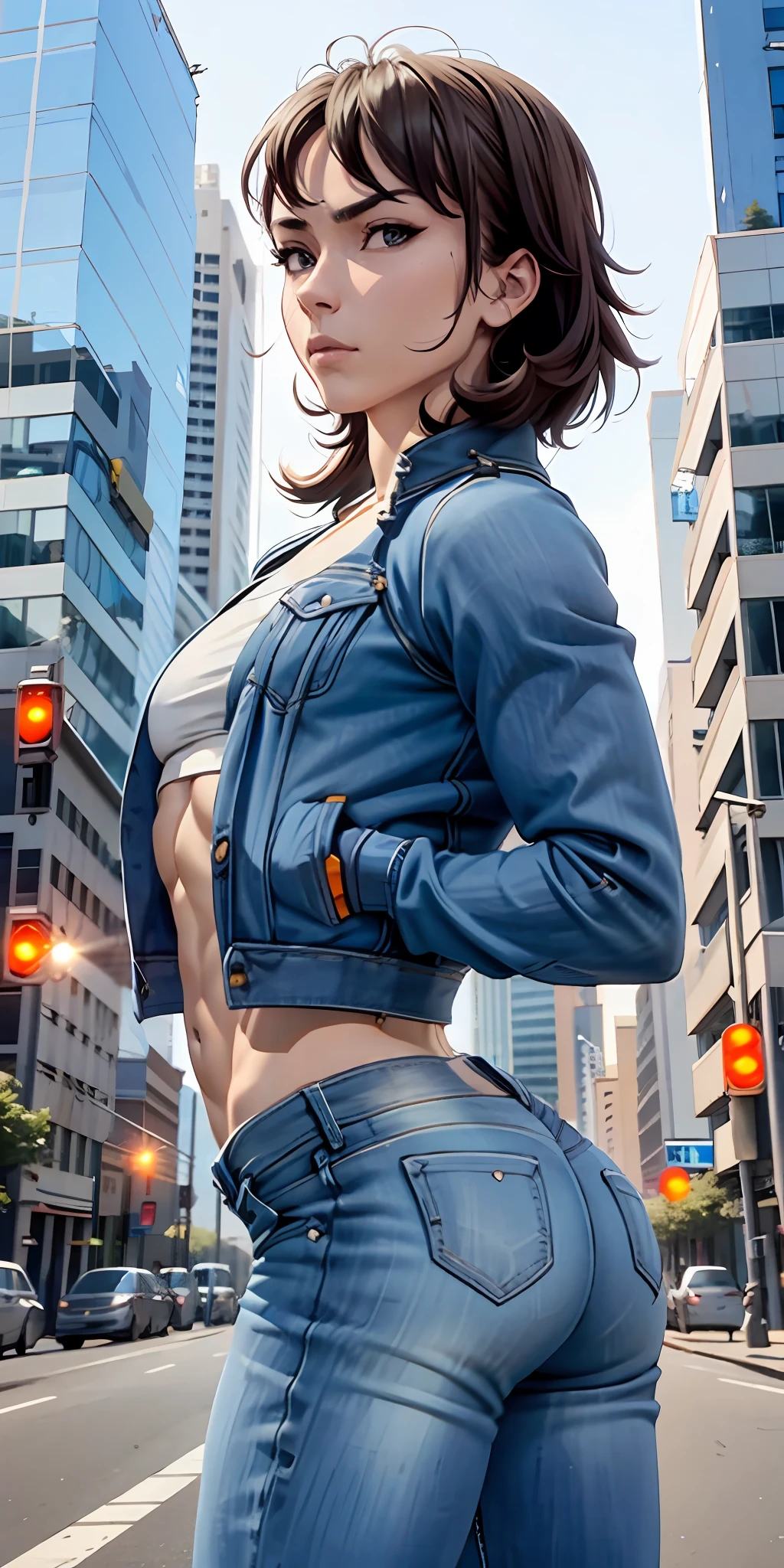 bodybuilder, beautiful face, serious face, perfect body, fit body, abdomen, small chest, muscular, ass, jeans, jacket, background: city
