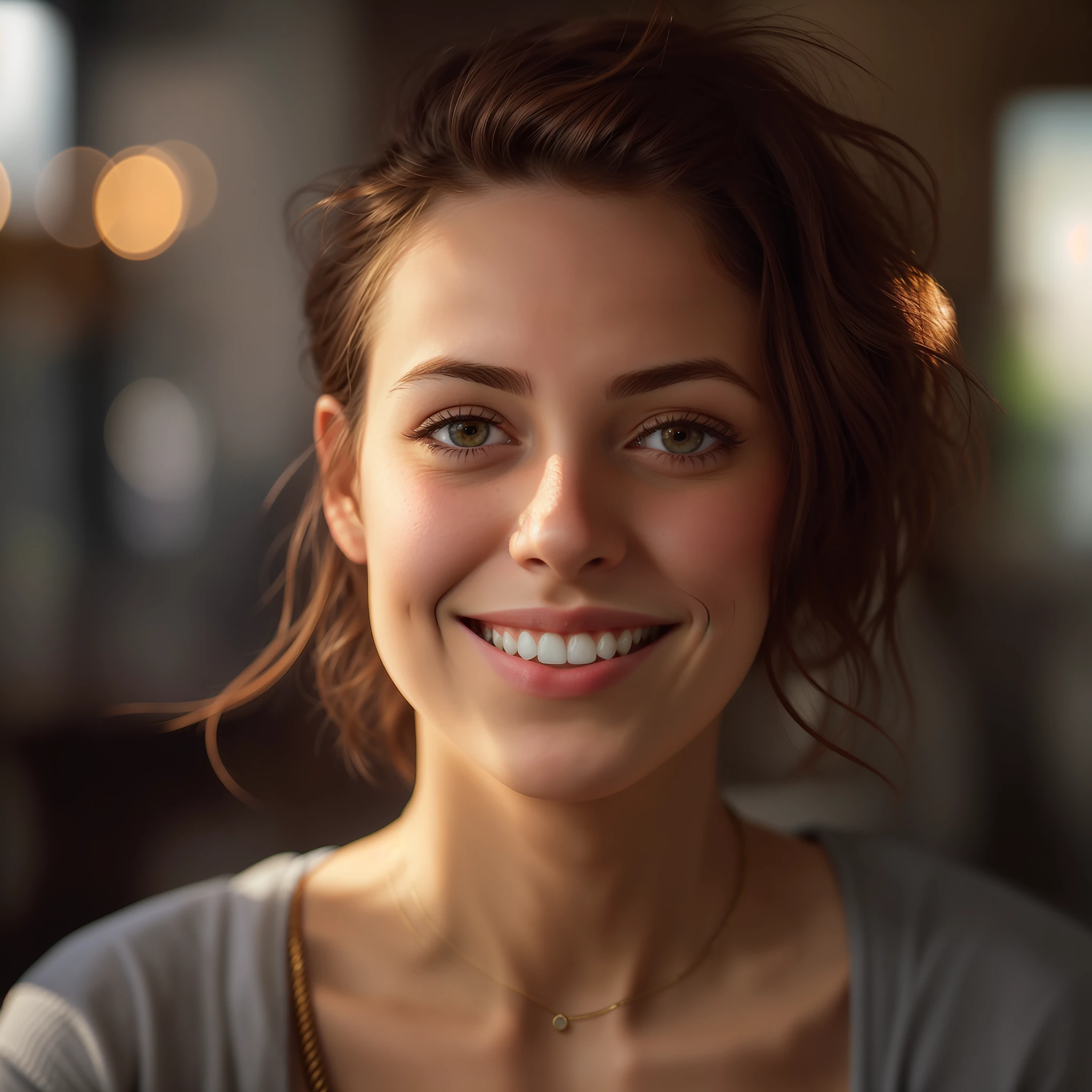 smiling woman with brown hair and a necklace on her neck, soft portrait shot 8 k, 50mm portrait, 60mm portrait, 7 0 mm portrait, smiling young woman, cinematic headshot portrait, smiling woman, portrait of happy a young woman, high quality portrait, cinematic realistic portrait, 50 mm lens photo portrait, medium portrait soft light, cinematic portrait