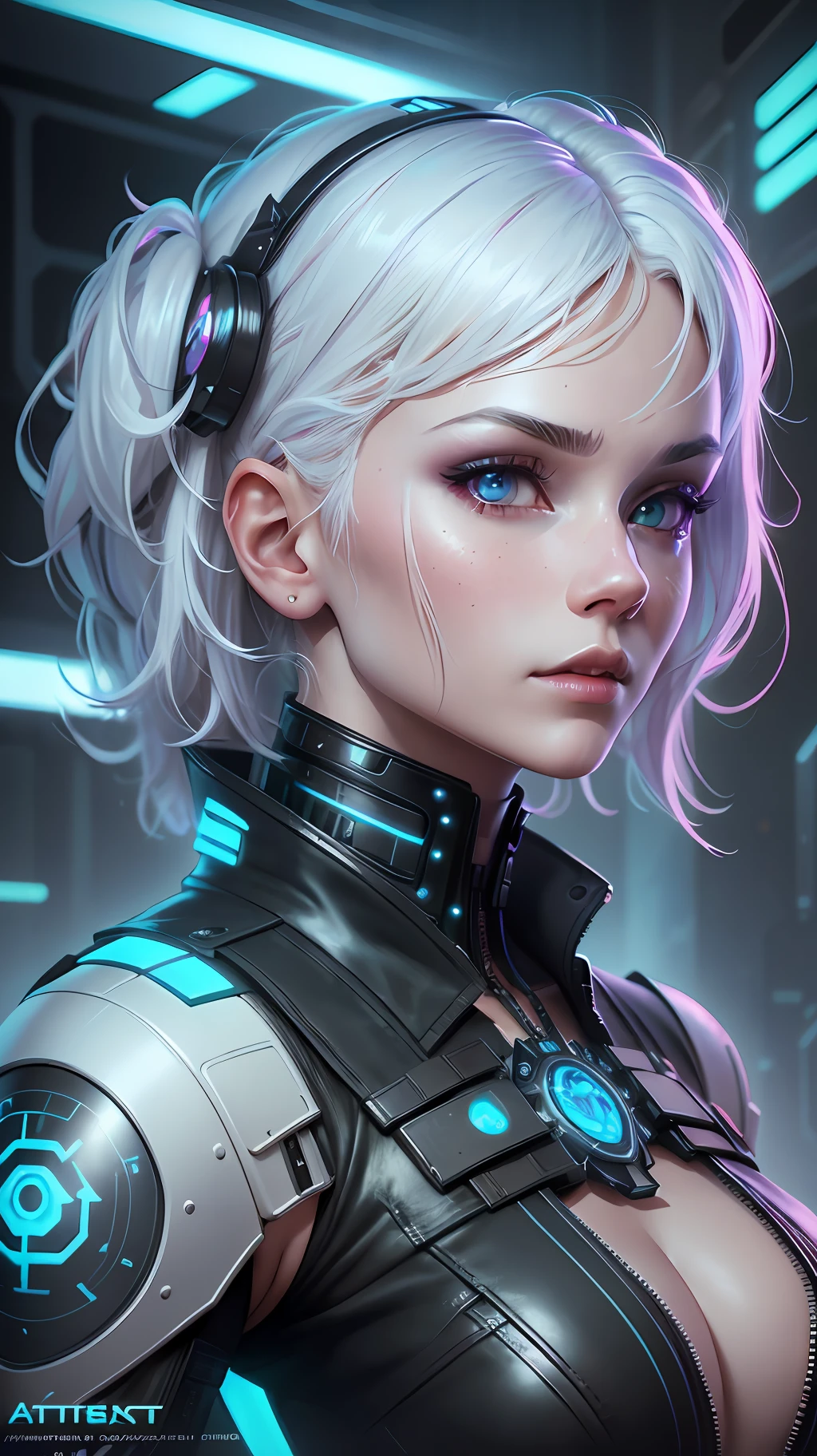 A stunning photorealistic close up full body photograph of a beautiful cyberpunk girl, albino, white shapeless cyberpunk hair, white eyebrows, , intricate cyberpunk armor, black leather jacket, hyperdetailed painting, luminism, Bar lighting, complex, 4k resolution concept art portrait by Greg Rutkowski, Artgerm, WLOP, Alphonse Mucha, little fusion, realistic fantasy, fractal isometrics details bioluminescence, beautiful awesome, 3d render, octane render, intricately detailed, cinematic, trending on artstation | Isometric | Centered hypereallistic cover photo awesome full color, hand drawn, dark, gritty, realistic mucha, klimt, 12k