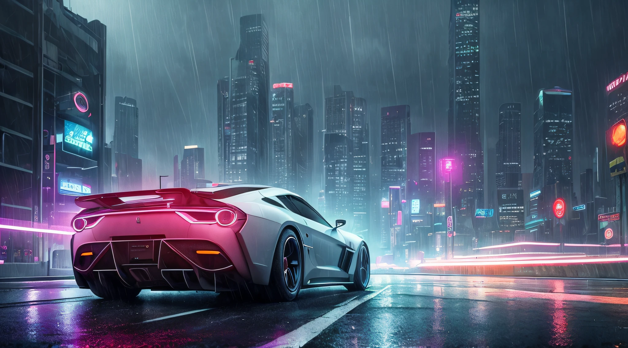 a car of the future in rainy cyberpunk city
(((cinematic lighting))), soft cinematic light, adobe lightroom, photolab, hdr, immense detail, photorealism, professional photography