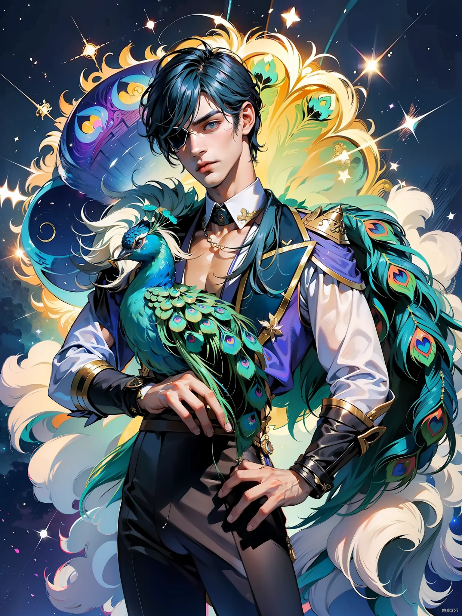 extremely delicate and beautiful, Amazing, finely detail, masterpiece, ultra-detailed, highres,best illustration, best shadow,intricate,sharp focus, high quality, 1 male solo, mature, handsome, tall muscular guy, broad shoulders, tan skin, dark skin, blue hair. eyepatch, kaeya genshin impact, holding his pet peacock, peacock feathers on background, peacock feather in front of him, backlight, night sky and stars