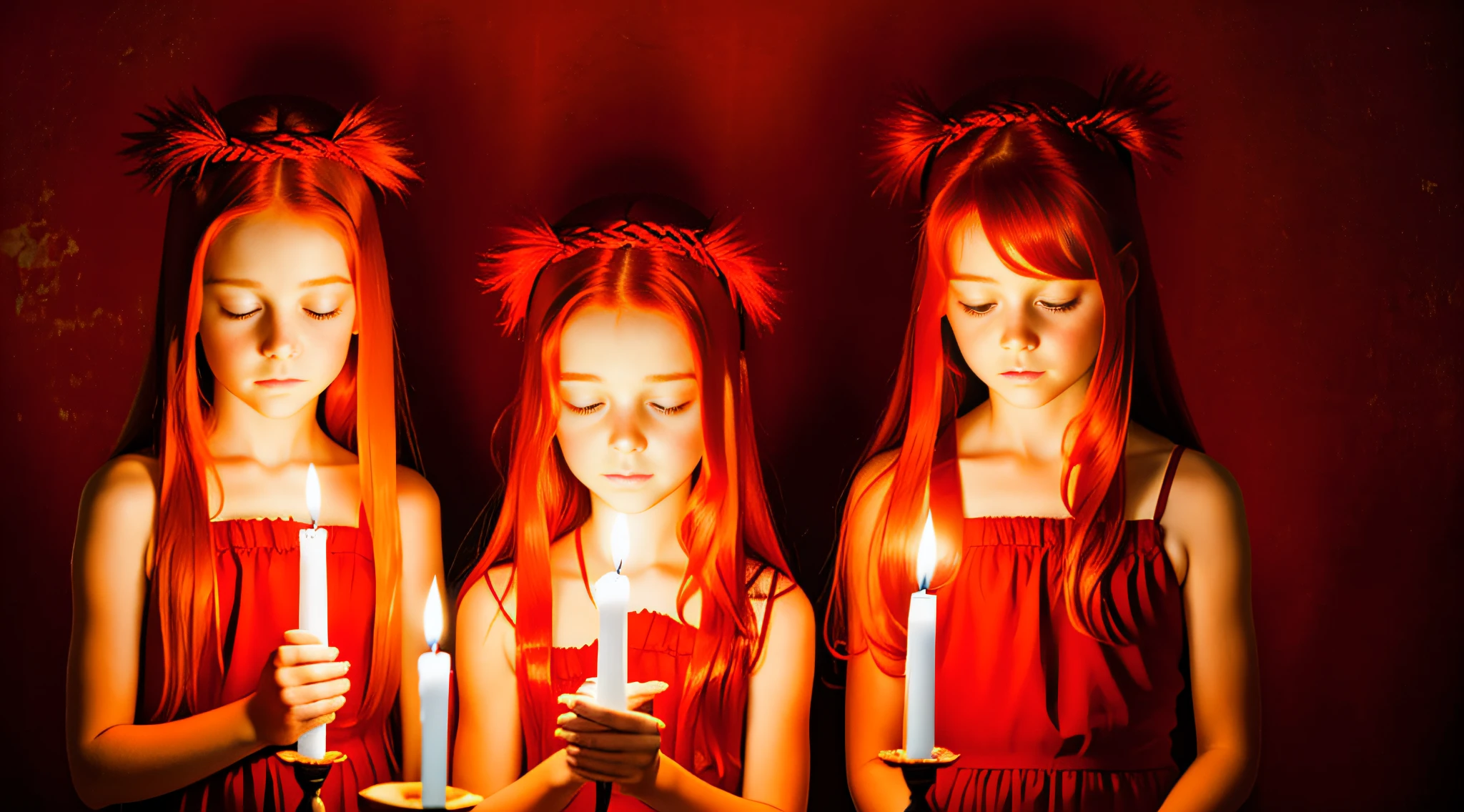 girl children REDHEADS WITH STRAIGHT HAIR ON HEAD TIES RED COLOR, PRAYING, RED BACKGROUND, CANDLES WITH FIRE.