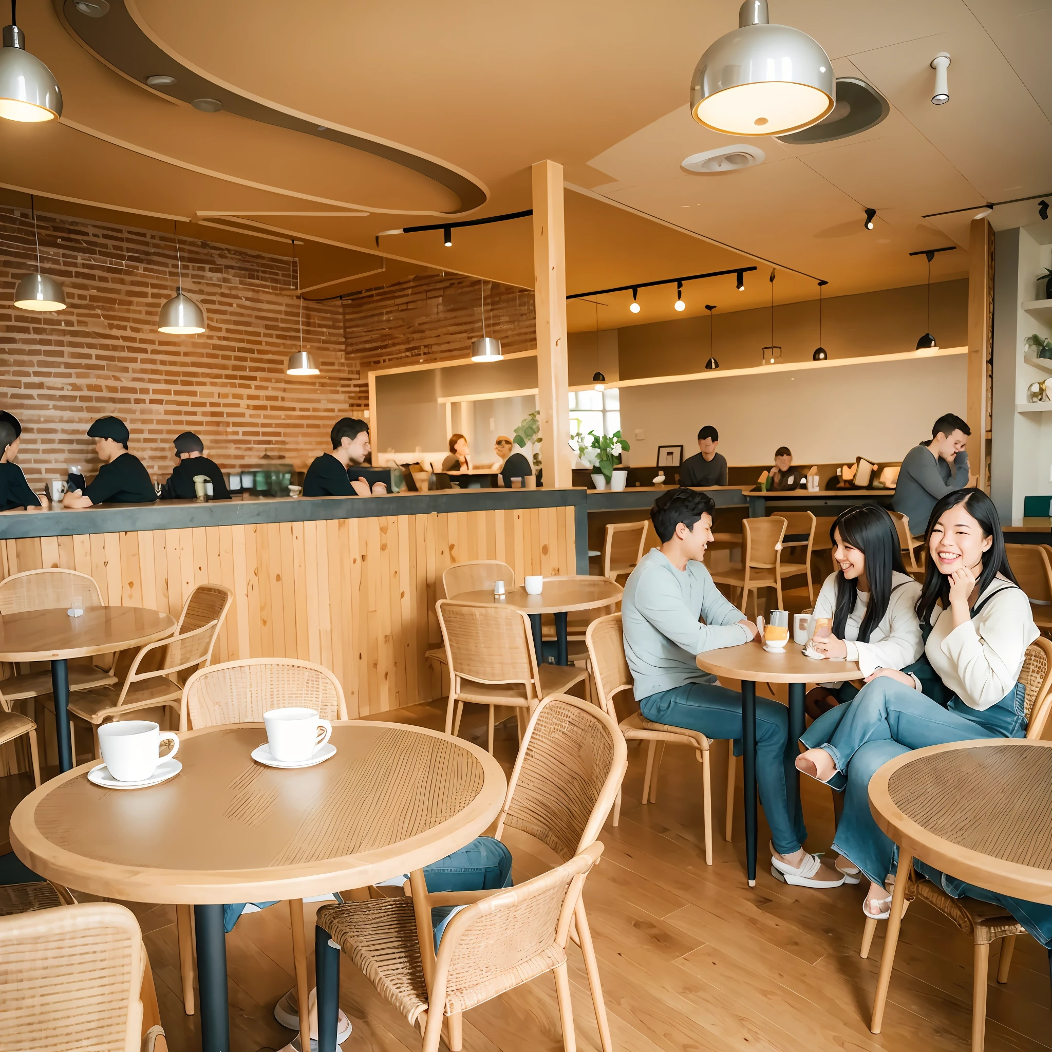 cozy cafeteria, with a calm and relaxing atmosphere, surrounded by a soft yellowish light. The people inside the coffee shop are happy, laughing and talking excitedly, creating a warm and happy vibe. It's a perfect space to enjoy moments of calm, where laughter and conversation fill the air, creating a sense of happiness and camaraderie. --auto --s2