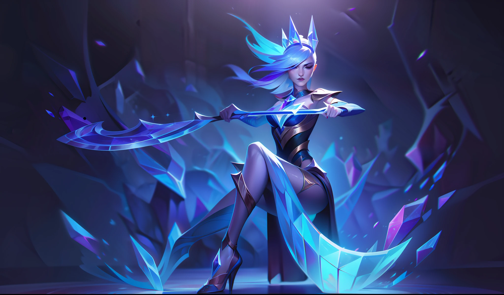 woman + sword + crystalline skin + iconic + basement + femme fatale splashart, splashart, League of Legends splashart, art, brushstroke, masterpiece, 8k, ultra detailed, HD