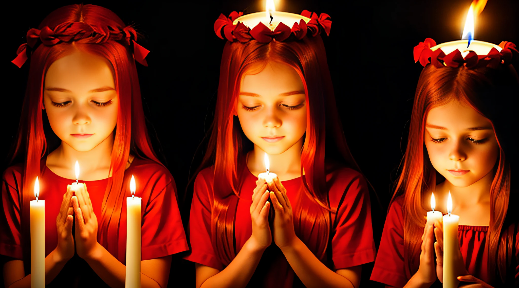girl children REDHEADS WITH STRAIGHT HAIR ON HEAD TIES RED COLOR, PRAYING, RED BACKGROUND, CANDLES WITH FIRE.