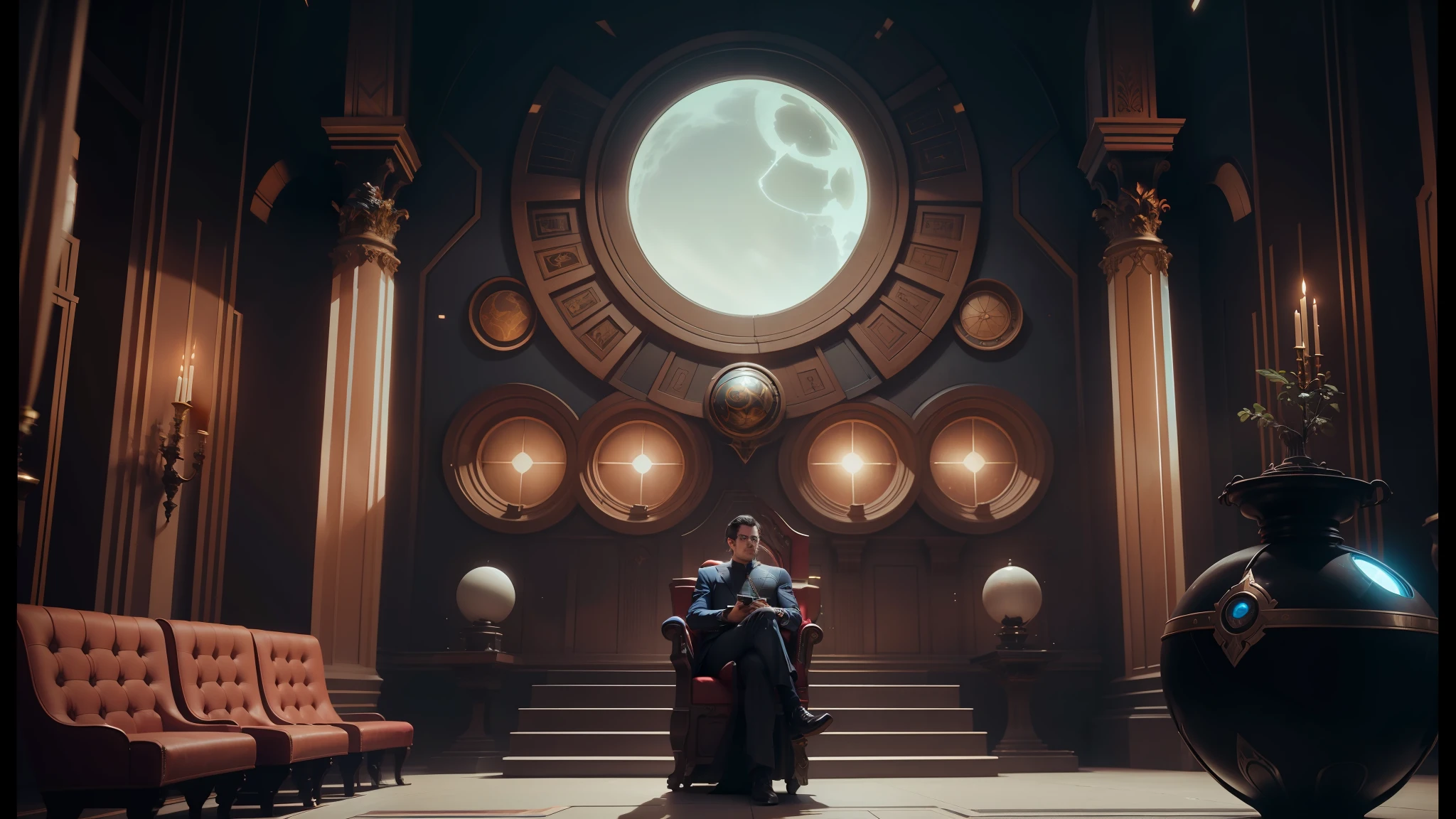 there is a man sitting in a chair in a room with a large window, inspired by Cedric Peyravernay, krypton, inspired by Mandy Jurgens, in a throne room, cinematic rendering, black sun, naboo, ash thorp, standing inside a magic library, inspired by the Brothers Hildebrandt, superbia, from a 2 0 1 9 sci fi 8 k movie --auto --s2