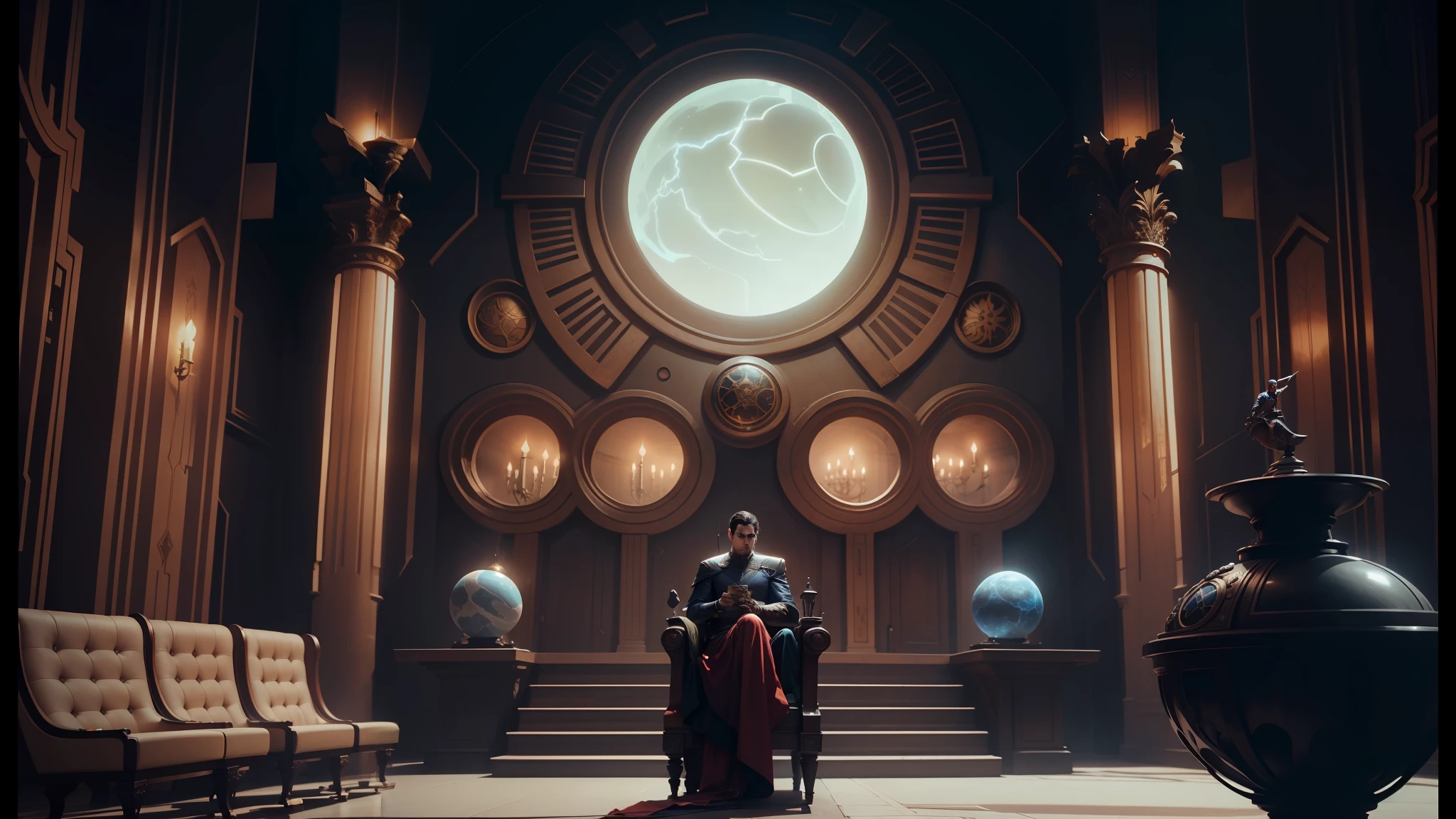 there is a man sitting in a chair in a room with a large window, inspired by Cedric Peyravernay, krypton, inspired by Mandy Jurgens, in a throne room, cinematic rendering, black sun, naboo, ash thorp, standing inside a magic library, inspired by the Brothers Hildebrandt, superbia, from a 2 0 1 9 sci fi 8 k movie --auto --s2