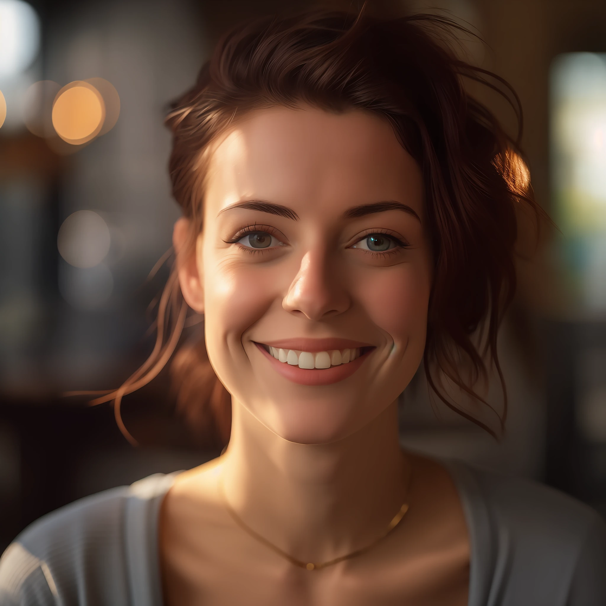 smiling woman with brown hair and a necklace on her neck, soft portrait shot 8 k, 50mm portrait, 60mm portrait, 7 0 mm portrait, smiling young woman, cinematic headshot portrait, smiling woman, portrait of happy a young woman, high quality portrait, cinematic realistic portrait, 50 mm lens photo portrait, medium portrait soft light, cinematic portrait