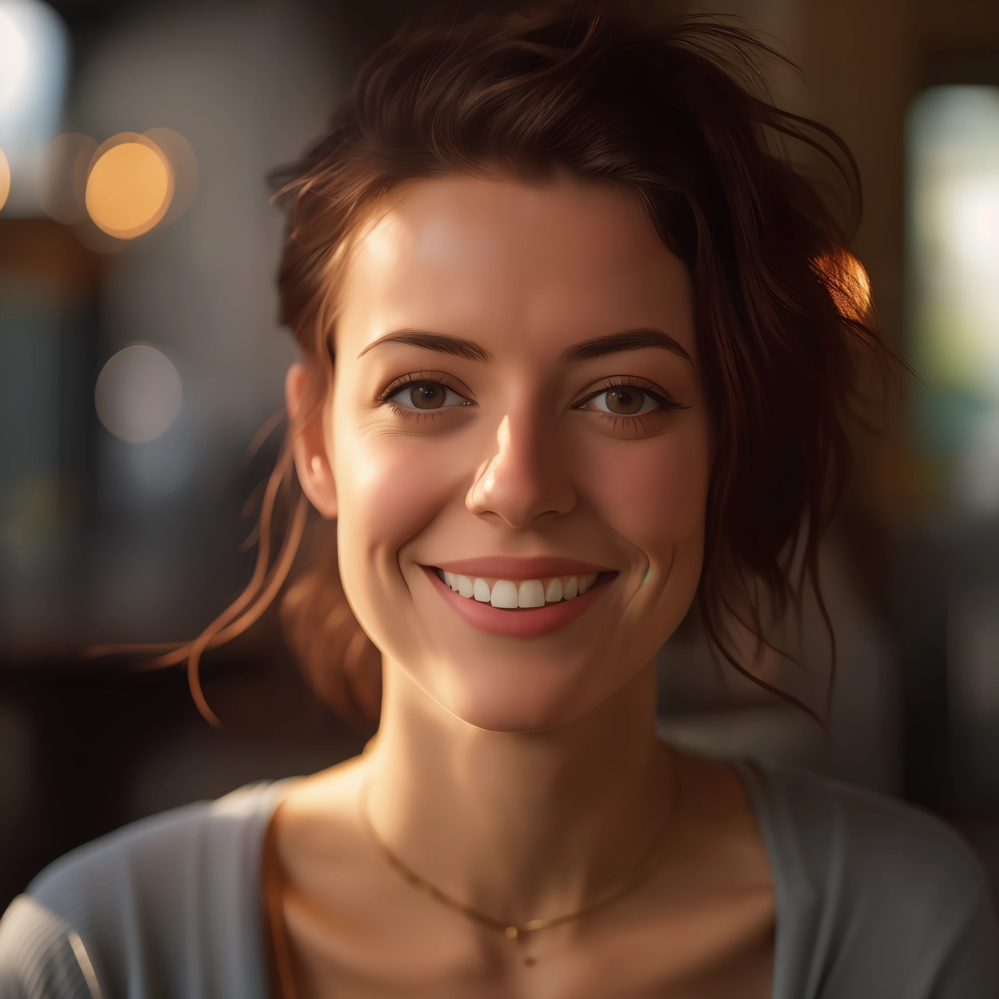 smiling woman with brown hair and a necklace on her neck, soft portrait shot 8 k, 50mm portrait, 60mm portrait, 7 0 mm portrait, smiling young woman, cinematic headshot portrait, smiling woman, portrait of happy a young woman, high quality portrait, cinematic realistic portrait, 50 mm lens photo portrait, medium portrait soft light, cinematic portrait