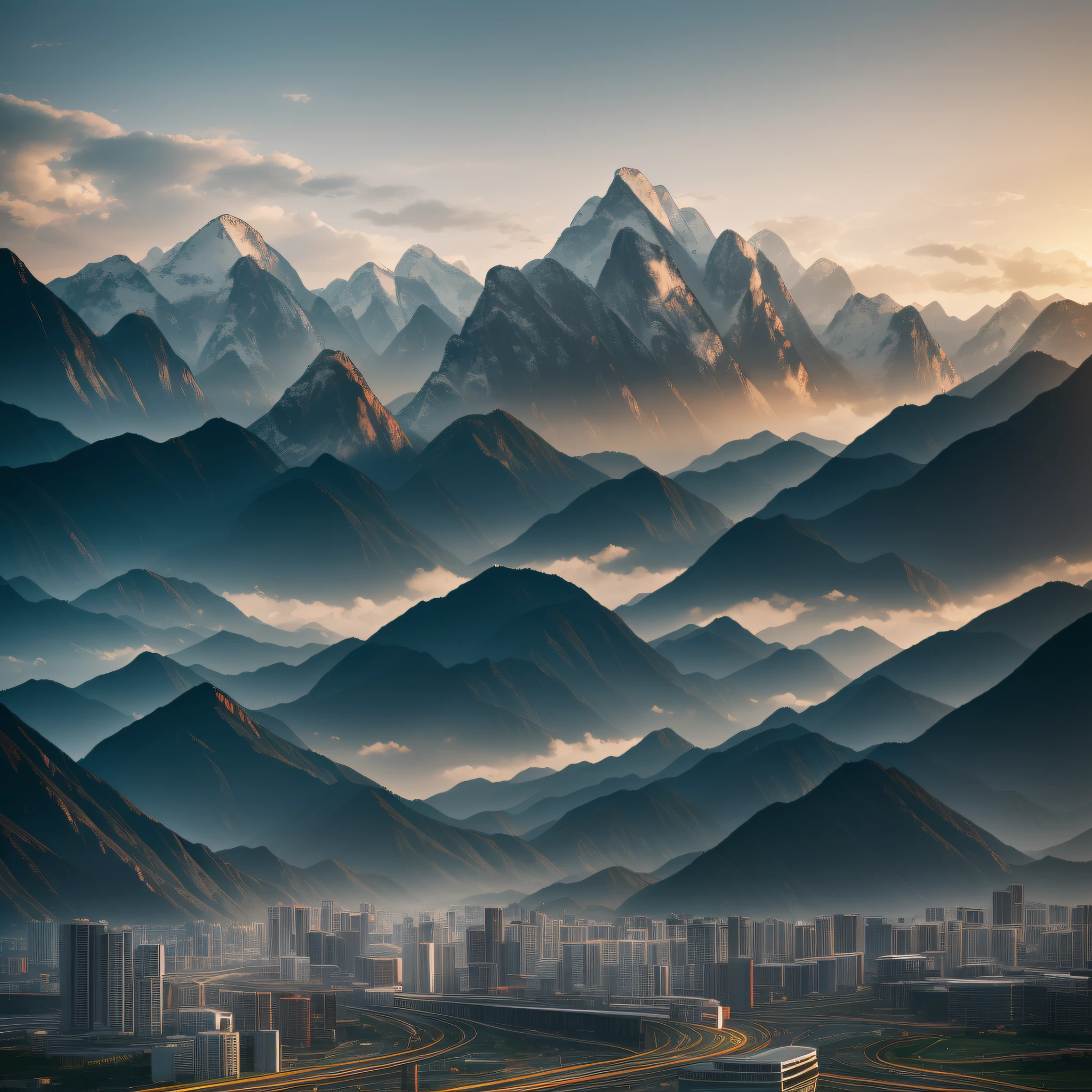 Chinese Modern Building with mountains in background, Epic, Cinematic. best quality, ultra high res, (photorealistic:1.4),, high resolution, detailed, raw photo, sharp re, by lee jeffries nikon d850 film stock photograph 4 kodak portra 400 camera f1.6 lens rich colours hyper realistic lifelike texture dramatic lighting unrealengine trending on artstation cinestill 800,