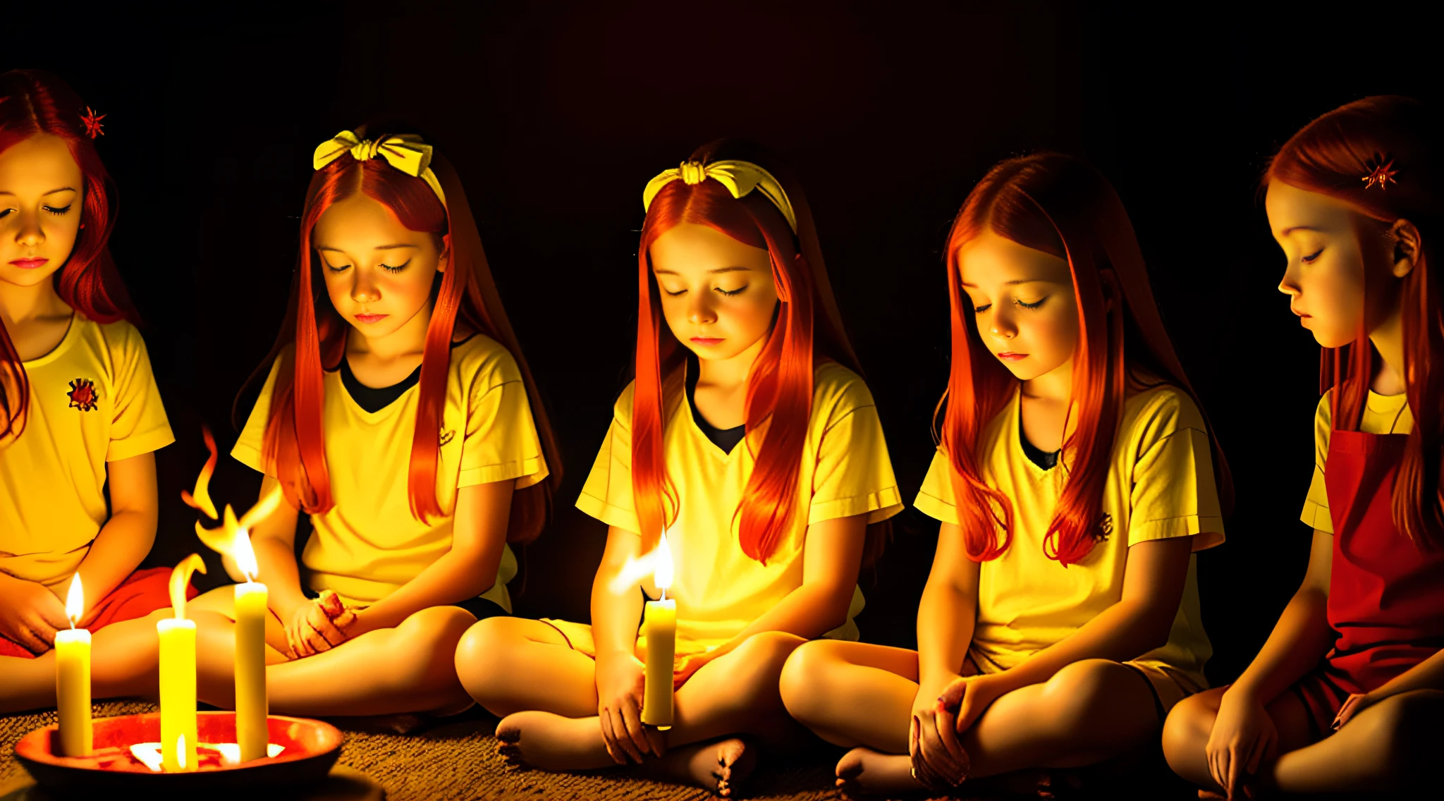 girl children REDHEADS WITH STRAIGHT HAIR ON HEAD TIES YELLOW COLOR, PRAYING, RED BACKGROUND, CANDLES WITH FIRE.