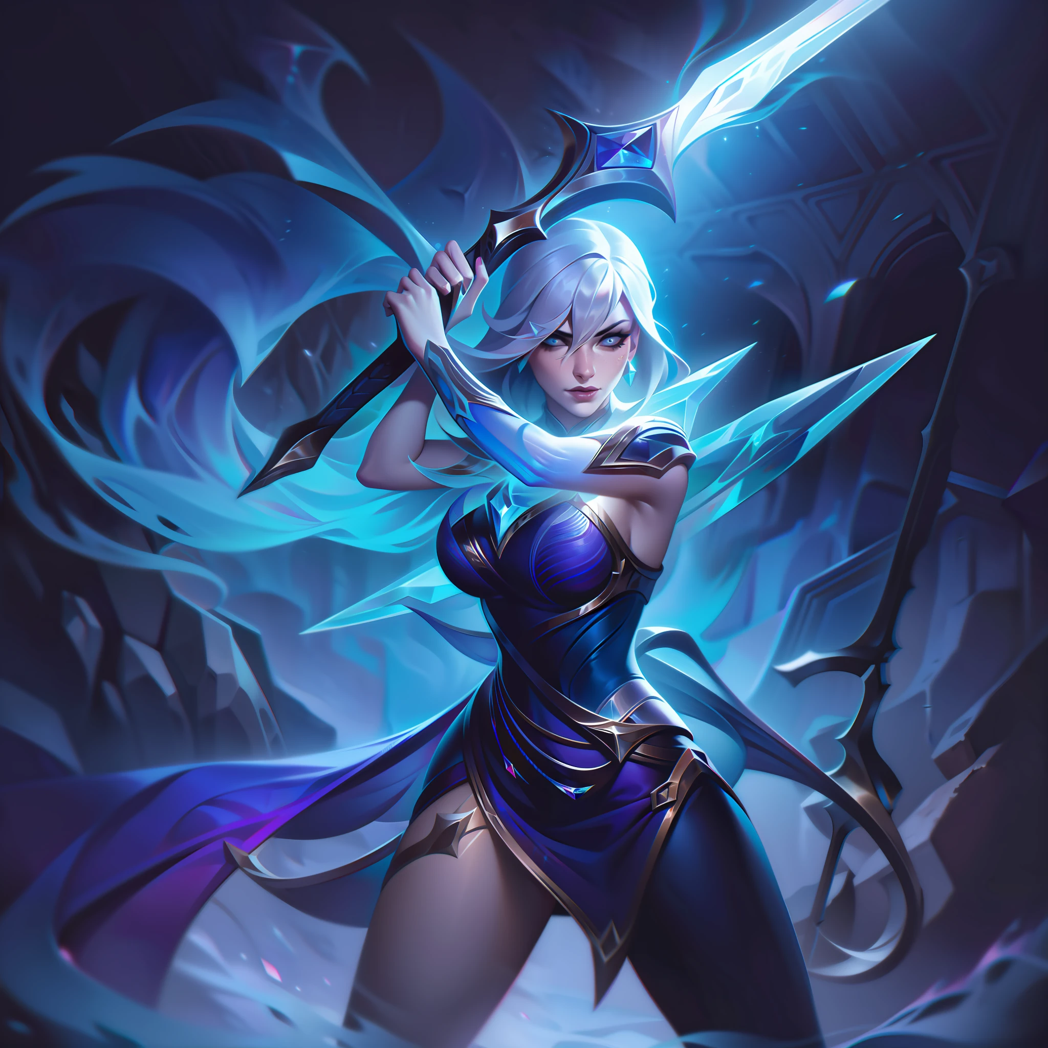 woman + sword + crystalline skin + iconic + basement + femme fatale splashart, splashart, League of Legends splashart, art, brushstroke, masterpiece, 8k, ultra detailed, HD