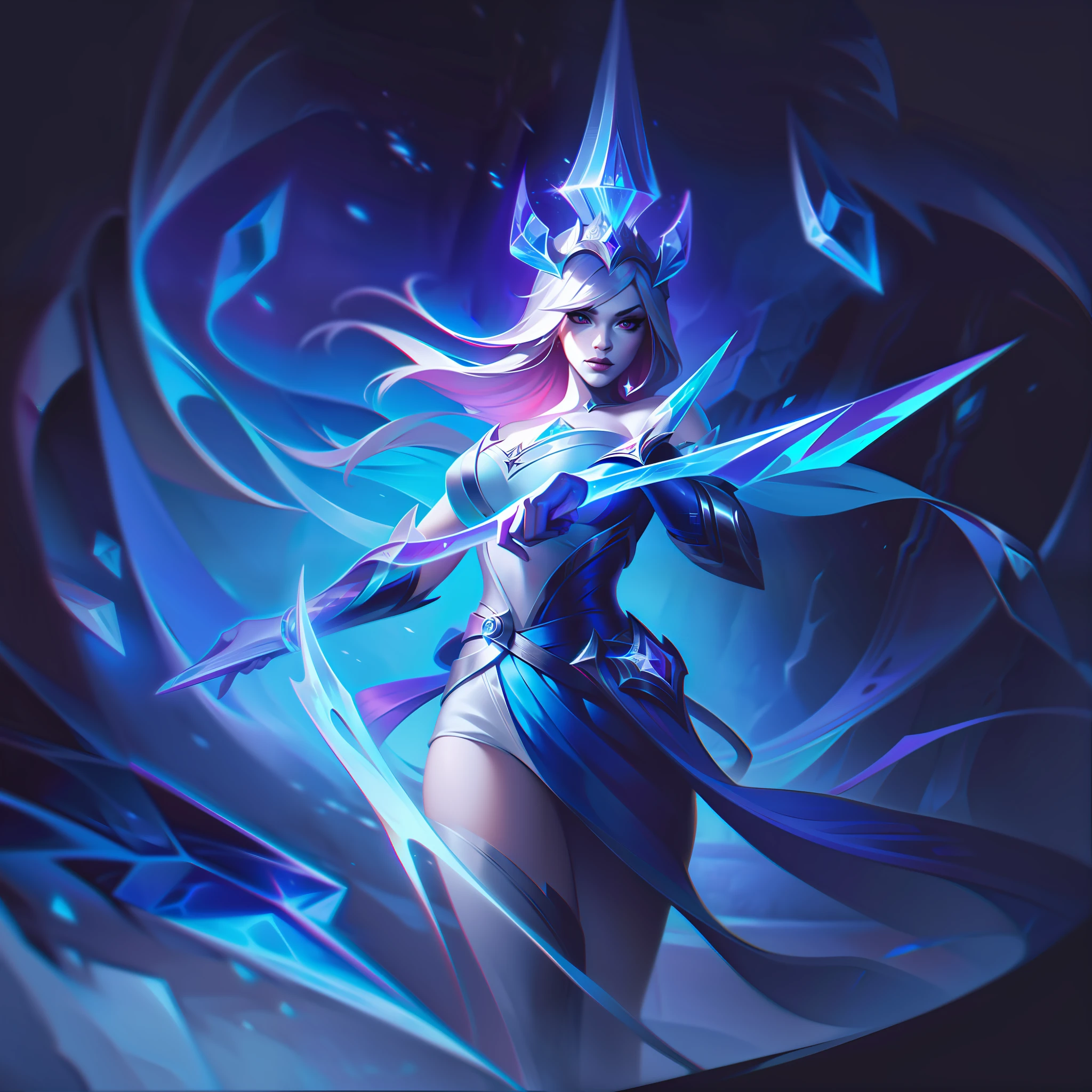 woman + sword + crystalline skin + iconic + basement + femme fatale splashart, splashart, League of Legends splashart, art, brushstroke, masterpiece, 8k, ultra detailed, HD