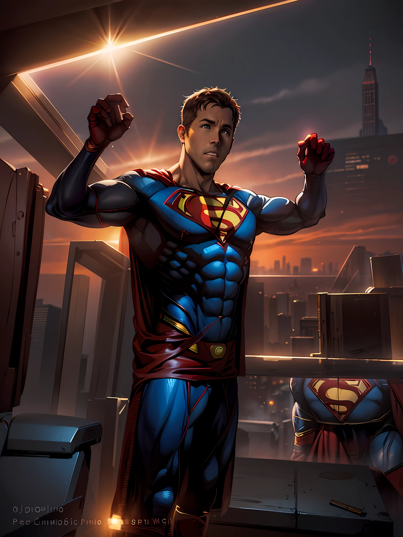 (full body), (Ryan Reynolds as Superman:1.25), (red cape), (((solo))), (Art by Jim Lee, & Zack Snyder) magnificent sky background, standing in front of  NYC skyline, dramatic, gorgeous, good anatomy, good proportions, hero pose, award winning, masterpiece, volumetric lighting, ((empty hands)), centered, (realistic oil painting:1.2),