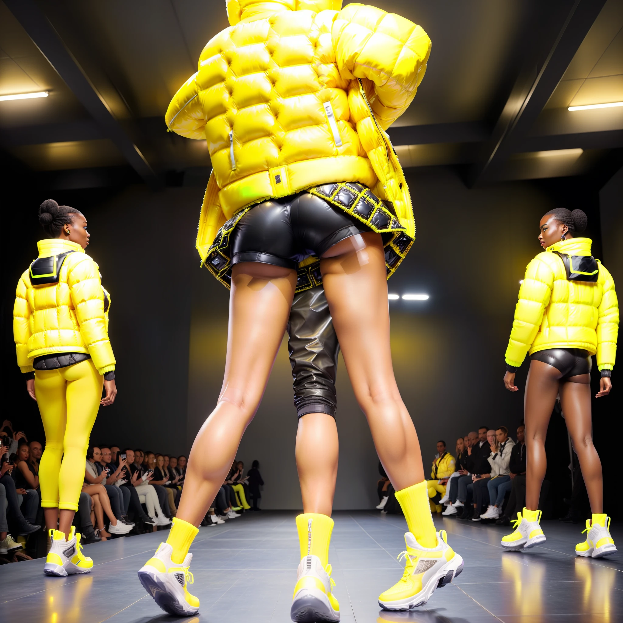 ((( an ultra realistic model))) ((posing, full body, back,looking back, end of catwalk))),((legs slightly apart)) (solo on the catwalk), with perfect Kenyan African facial features, ultra realistic skin, skin pores, afro hair, braided, ultra detailed in hd, with confident expression, wearing (((Balenciaga puffer style jacket oversized:1.5, ultra definition))) purple pants, turtleneck shirt, modern sneakers, (((yellow jacket:1.5, vivid color, neon,))), posing at the end of the runway, with his back looking at the camera,(bring high fashion show environment, perfect audience,ultra realistic), best quality, superior quality, image masterpiece, high resolution image