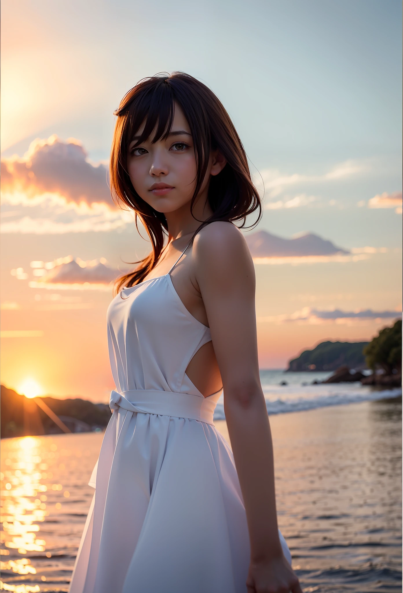 There is Makoto Shinkai, a woman in a dress standing by the water. Digital Rendering, Smooth Anime CG Art, Makoto Shinkai and ArtGerm, Photorealistic Anime Girl Rendering Made by Anime Painter Studio, Gorgeous Digital Painting, Gwise Style Artwork, Drawn by Anime Painter Studio, April Rendering, Soft Digital Painting (Best Quality: 1.4), ( Ultra High Resolution: 1.2), (Photorealistic: 1.4), (8k, RAW Photos: 1.2), (Natural Light)
