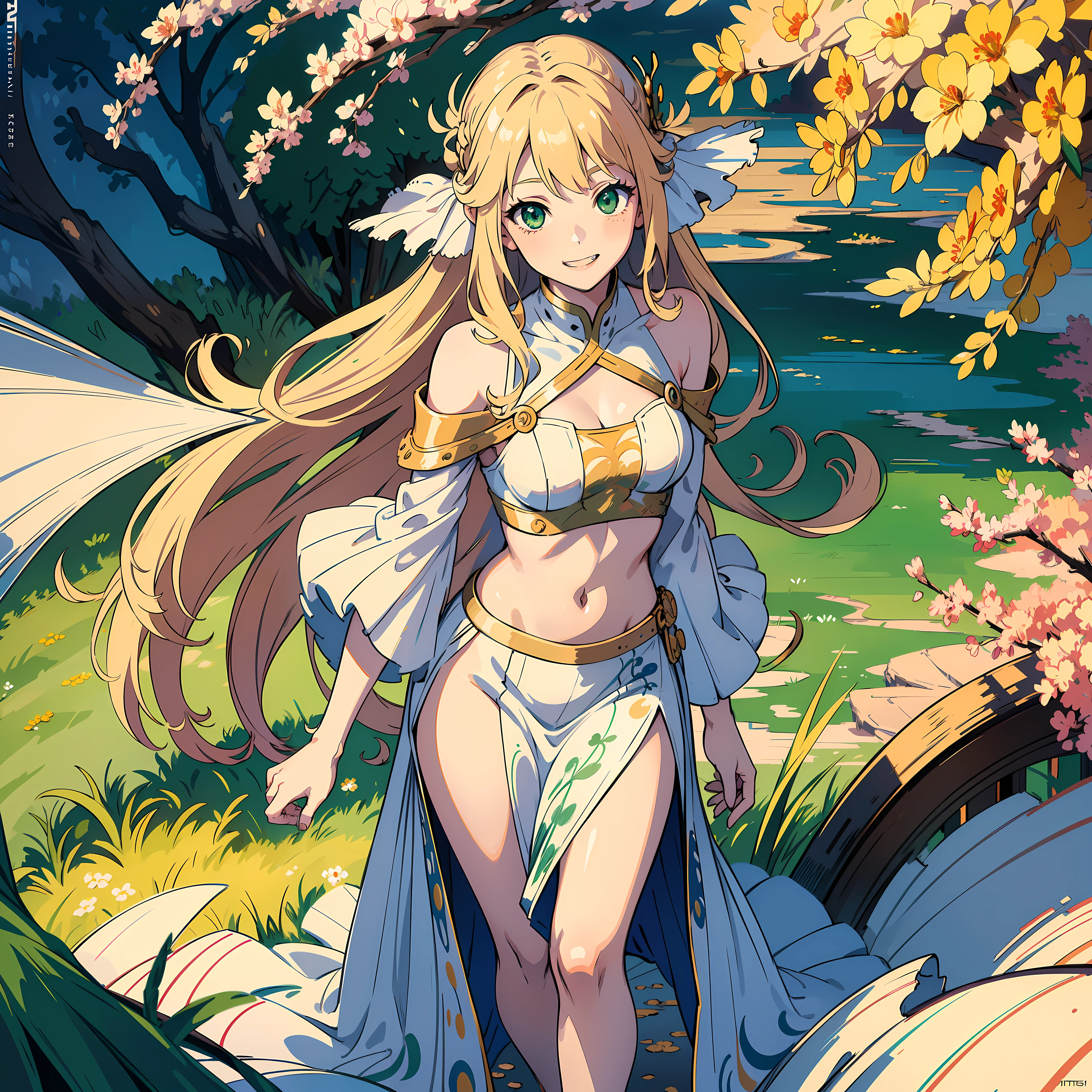 (masterpiece, sharp focus, illustration, detailed face, detailed eyes, detailed hands), 1girl, solo, small breasts, loli, sassy loli, grin, smile, looking away, standing, crop top, very very long blonde hair, wavy hair, messy hair, beige hair, green eyes, (impressionism:1.4), white dress, greek clothes, highres, ultra detailed, abstract background, multicolored background, ugly background, splash art, official art, beautiful, perfect anatomy