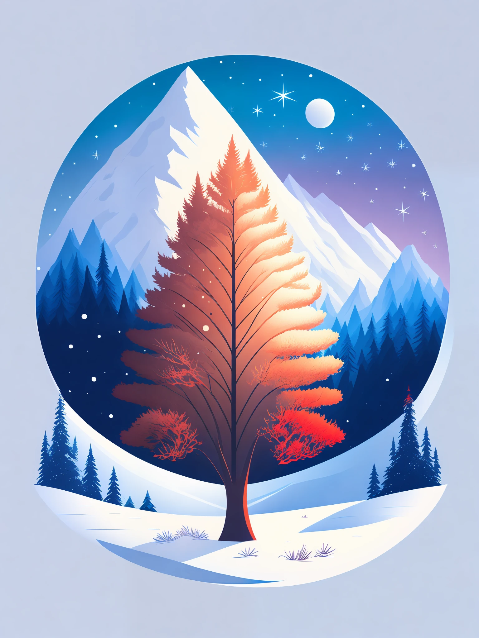 a spruice tree in a winter landscape, tshirt design, rzminjourney, vector-art