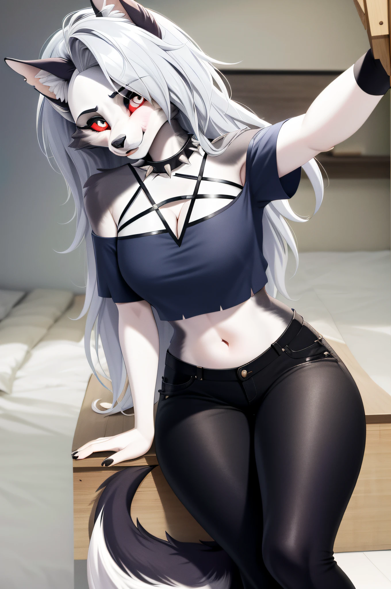 masterpiece, best quality, facial portrait of a female anthro loona hellhound, loonacroptop, detailed face, detailed eyes, cropped pupils, white eyes, red sclera, happy, tight pants, tight and detailed black leggings, [smile, [spiked necklace], pentagram], stand, looking at the viewer, outside, nature in the background, flirtatious expression, somewhat large thighs, selfie, taking a selfie, beatiful