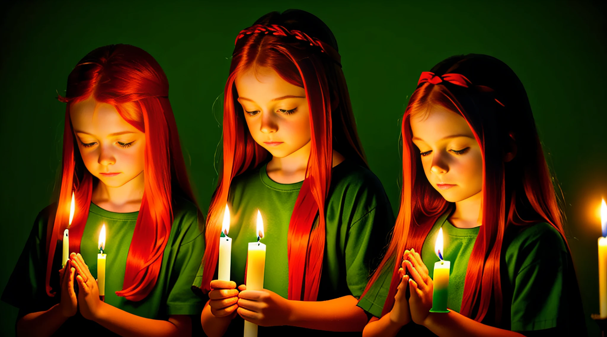 girl children REDHEADS WITH STRAIGHT HAIR ON HEAD TIES GREEN COLOR, PRAYING, RED BACKGROUND, CANDLES WITH FIRE.