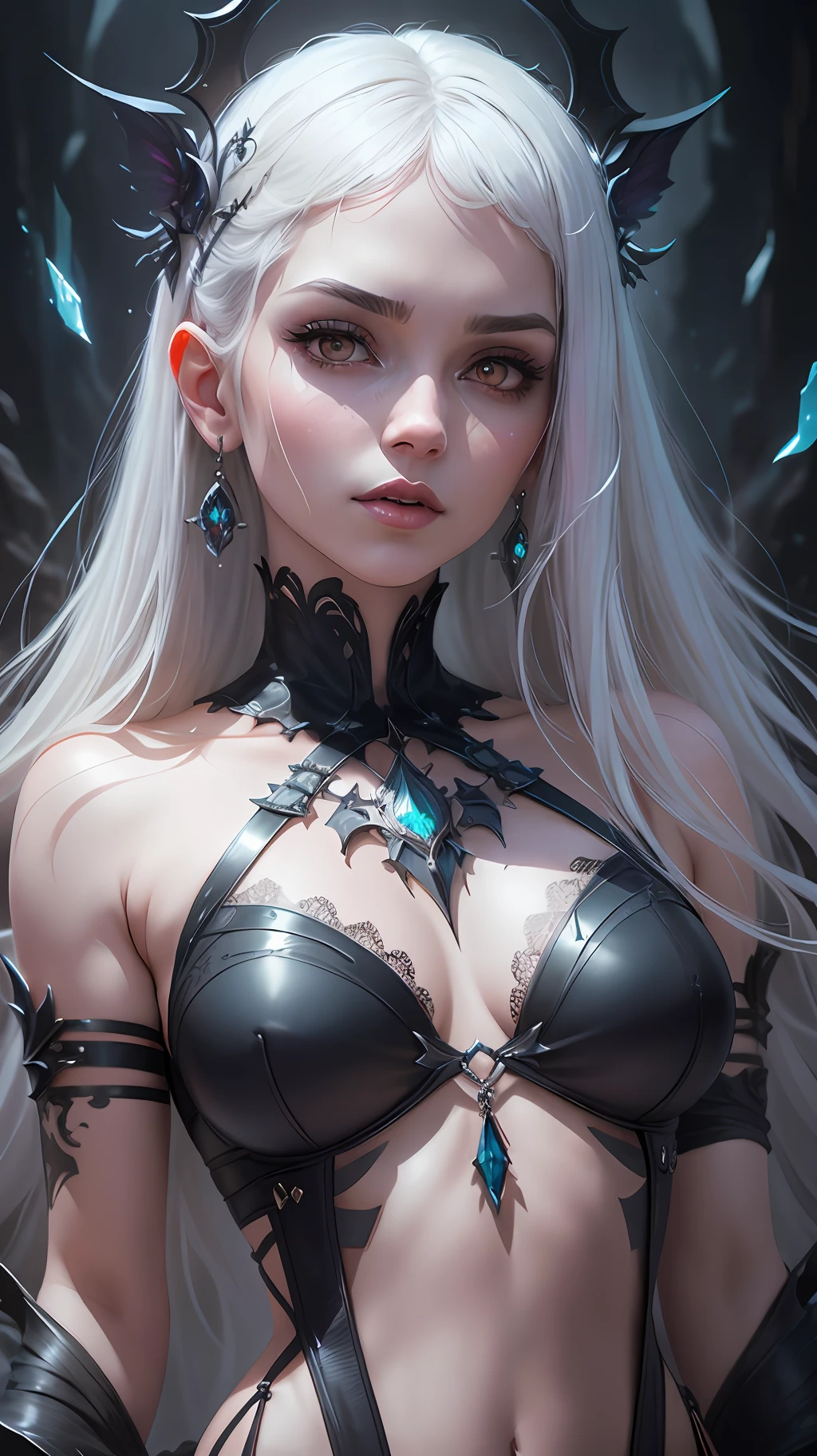 A beautiful photorealistic photograph of a pale vampire girl wearing delicate intricate jewelry chains and body harness standing in a dark hall, crimson eyes, dark tattoos, Egyptian fringe bangs white hair, upper body, dynamic pose, dark fantasy theme, mystical, Dark theme, underworld theme, deviant art masterpiece, colour grading, dark illustration, extreme quality, extremely detailed, ultra-detailed face, ultra hd 8k, dark lightning, concept art portrait by Greg Rutkowski, artgerm, hyperdetailed, intricately detailed gothic art, triadic colours, fantastical, intricate detail, splash screen, complementary colours, fantasy concept art, 8k resolution, oil painting, heavy strokes, soft lighting, film photography, analogue photography, film grain, Anna Dittmann