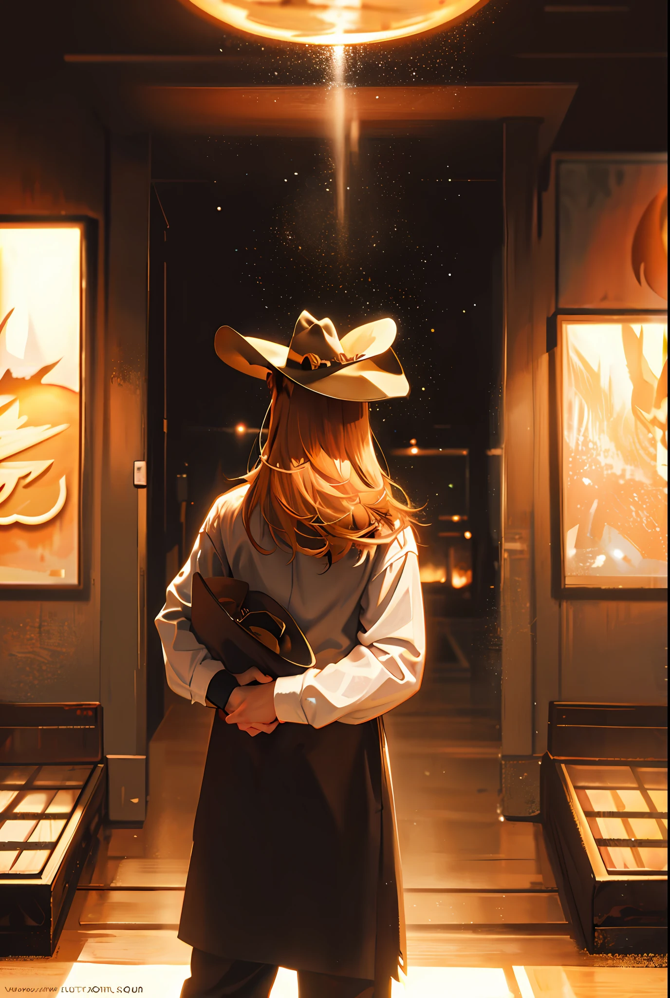 (coyote wearing a cowboy hat), [facing away], coyote head,anthro, Masterpiece, cinematic light, atmospheric lighting, subsurface scattering,