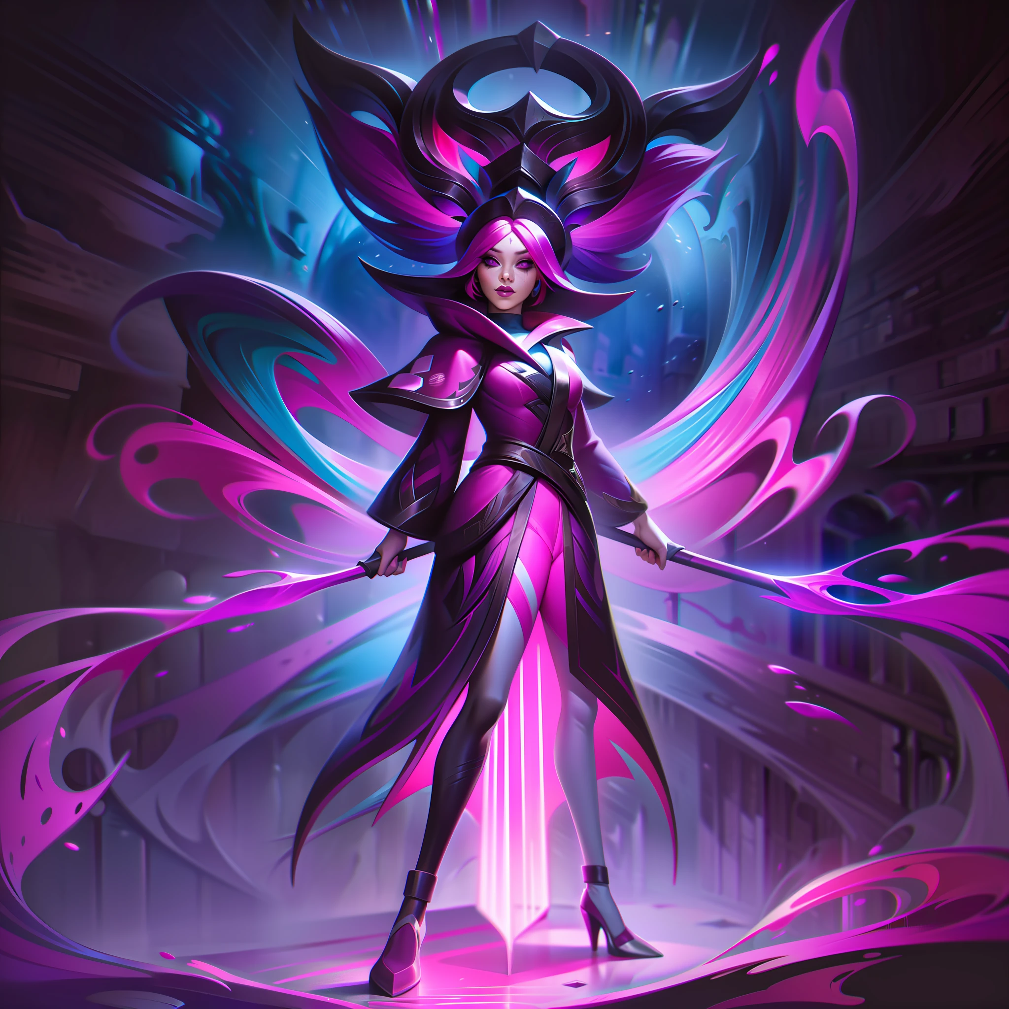 woman + wooden staff + bright purple and pink + coat + lights + cute splashart, splashart, League of Legends splashart, art, brushstroke, masterpiece, 8k, ultra detailed, HD