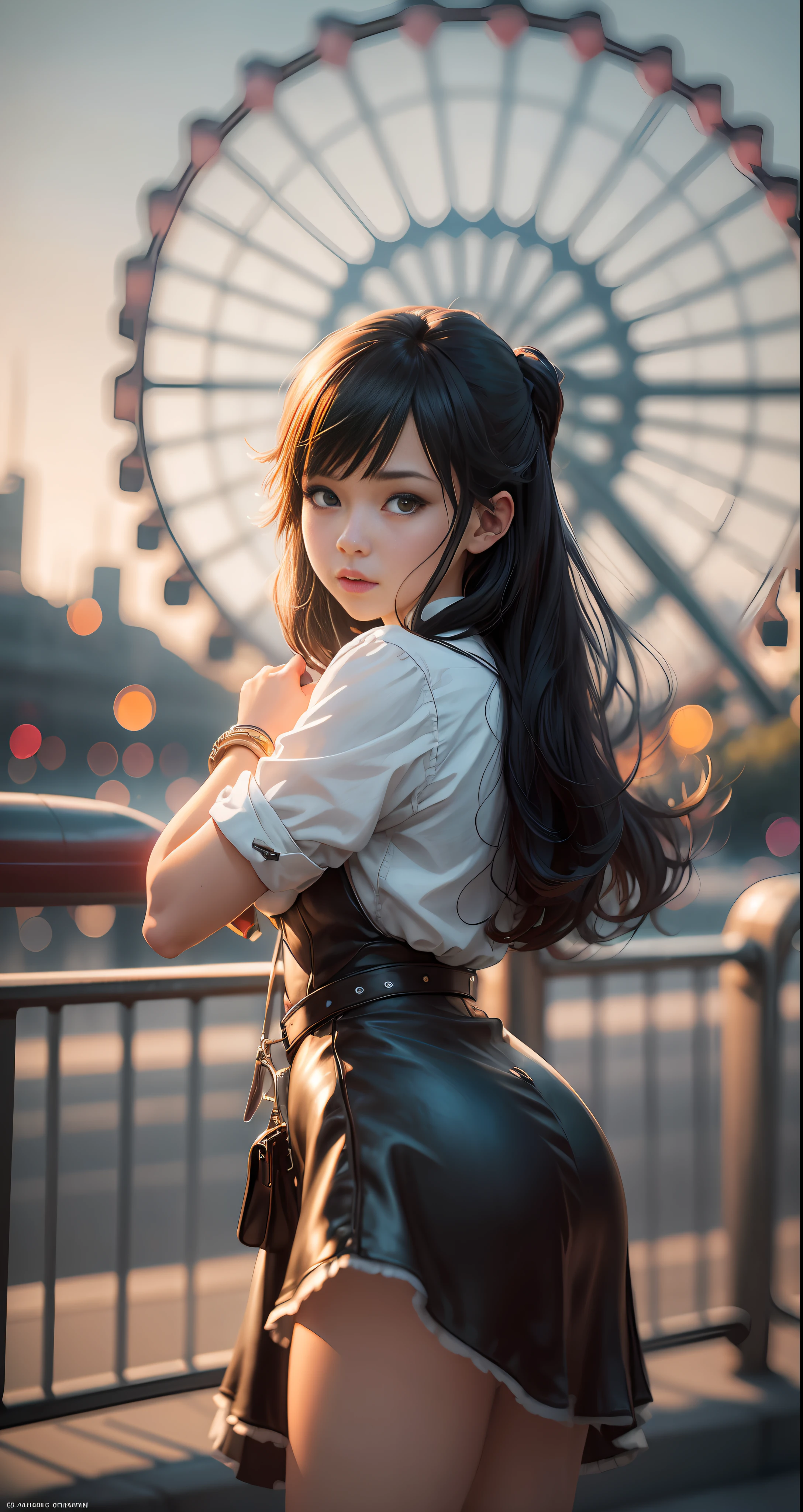 Girl on a bike in a fantasy world, theme park with a Ferris wheel in the background (styles of Mamoru Hosoda, Makoto Shinkai, Wit Studio, CoMix Wave Films, madhouse studio and Chizu studio), full body, hyper-detailed photography, film photography, photography, film grain, extreme detail, 12k, ultra hd, hyper-realism, trend in artstation, polished, beautiful,  radiant, synesthesia, vibrant, photorealistic, realistic lighting, hair light, 8k ultra hd, unreal engine 5, full length portrait, god rays, hyper-realistic, cinematic, highly detailed, depth of field, ultra realistic environment, real shadows