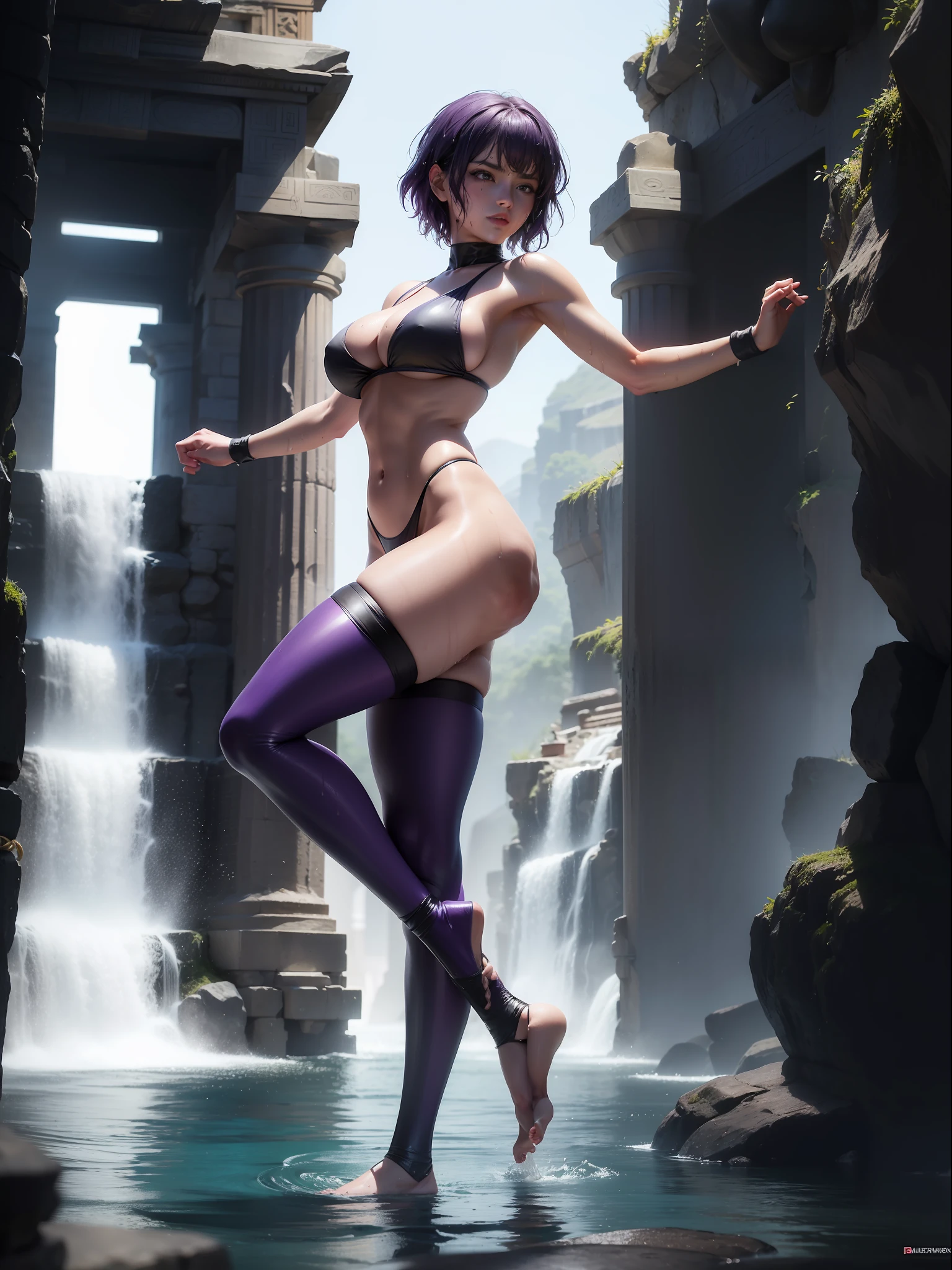 ((Full body photo, feet on the ground, front view)). Samantha/woman, she has very large breasts, is wearing black/ninja style bathing suits, extremely exhibitionist, extremely tight on the body. ((In the temple of Poseidon, with several waterfalls)). ((She has very short purple hair}, blue eyes, her hair and body are very wet)). She is staring at the viewer, smiling, holding ninja weapons, clenched fists, fighting position, flushed face, anime, mortal kombat, 16k, high quality, high details, award winning, highres, textured skin, anatomically correct, masterpiece, ccurate, UHD