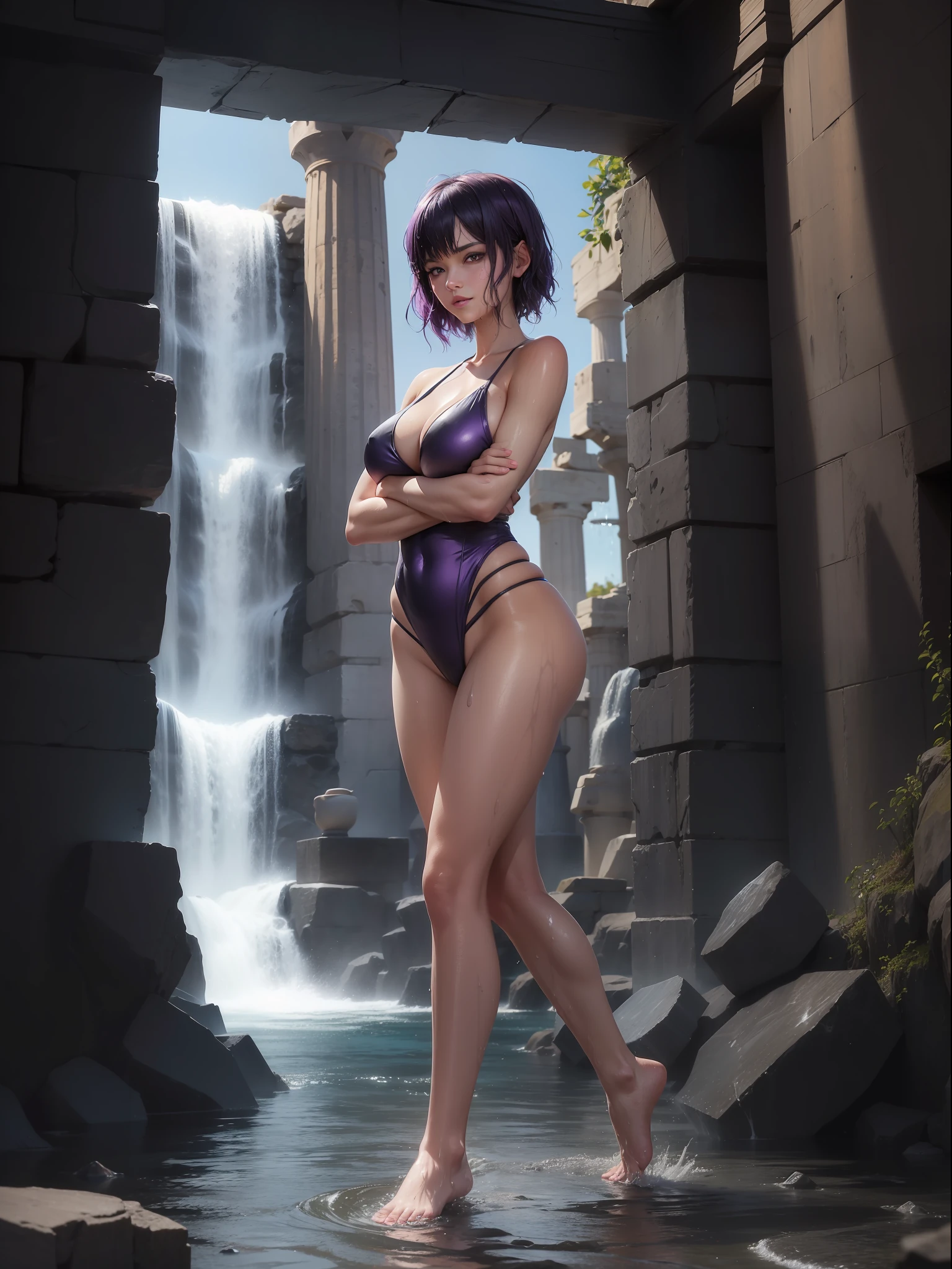 ((Full body photo, feet on the ground, front view)). Samantha/woman, she has very large breasts, is wearing black/ninja style bathing suits, extremely exhibitionist, extremely tight on the body. ((In the temple of Poseidon, with several waterfalls)). ((She has very short purple hair}, blue eyes, her hair and body are very wet)). She is staring at the viewer, smiling, holding ninja weapons, clenched fists, fighting position, flushed face, anime, mortal kombat, 16k, high quality, high details, award winning, highres, textured skin, anatomically correct, masterpiece, ccurate, UHD