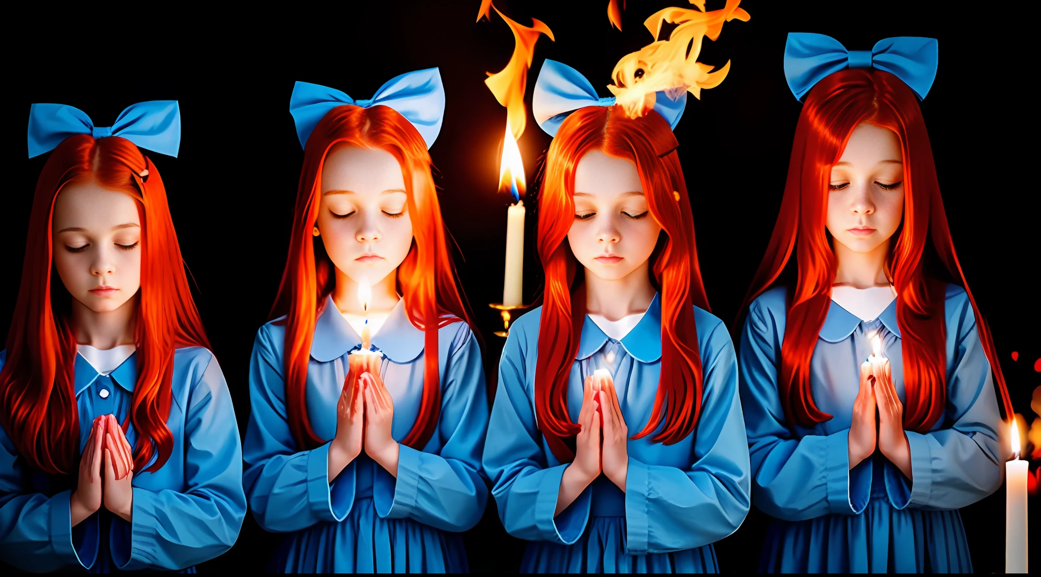 girl children REDHEADS WITH STRAIGHT HAIR ON HEAD BLUE COLOR BOWS, PRAYING, RED BACKGROUND, CANDLES WITH FIRE.