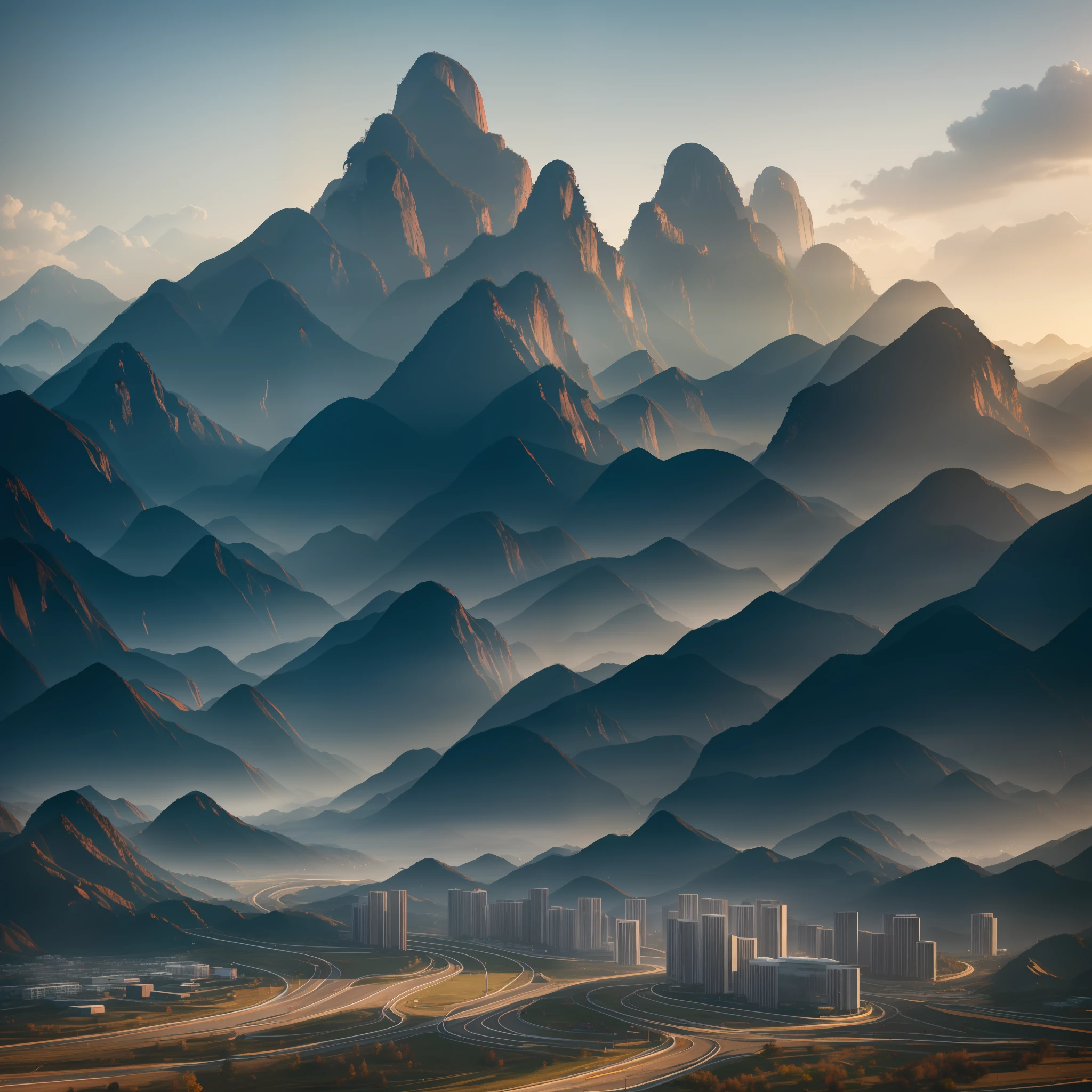 Chinese Modern Building with mountains in background, Epic, Cinematic. best quality, ultra high res, (photorealistic:1.4),, high resolution, detailed, raw photo, sharp re, by lee jeffries nikon d850 film stock photograph 4 kodak portra 400 camera f1.6 lens rich colours hyper realistic lifelike texture dramatic lighting unrealengine trending on artstation cinestill 800,