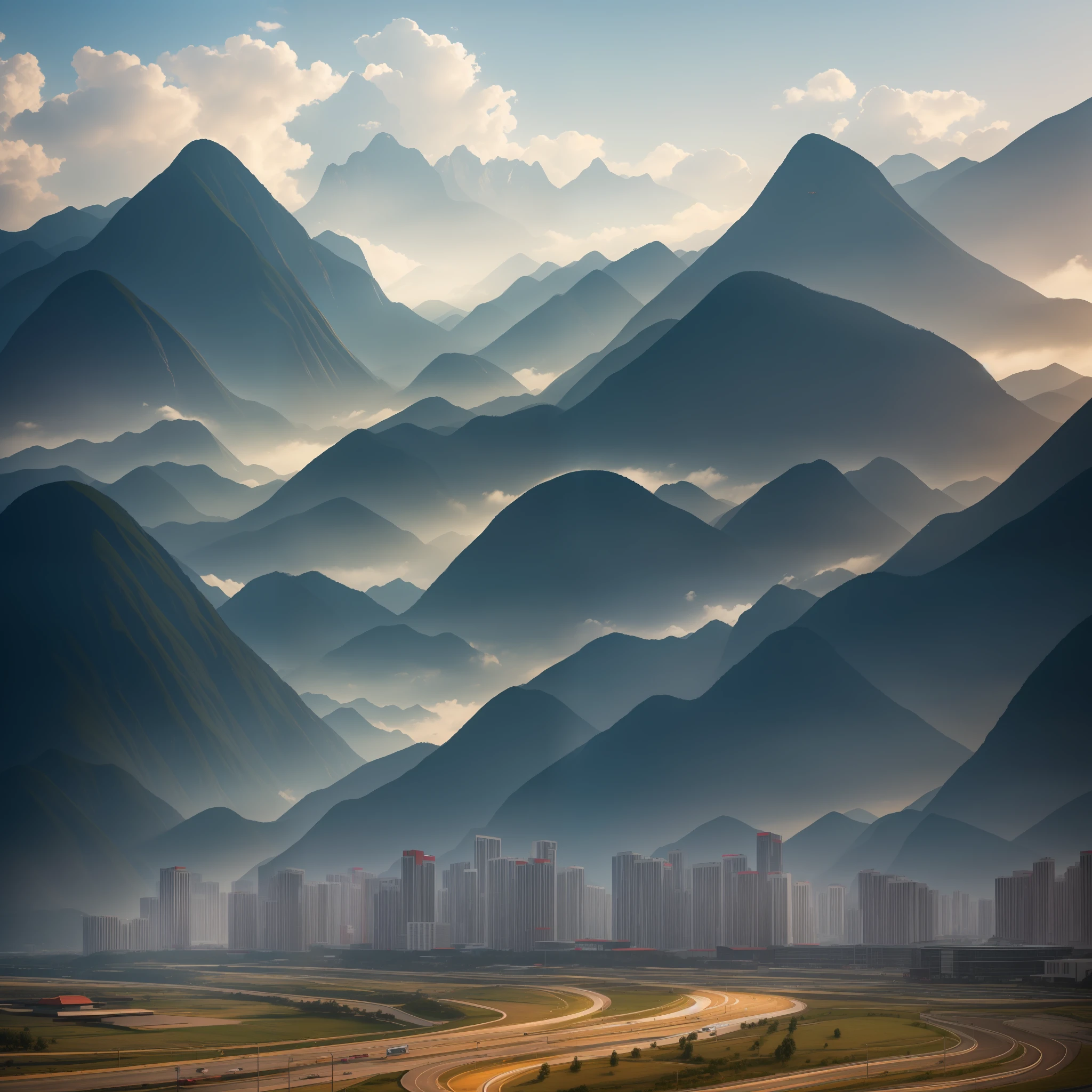 Chinese Modern Building with mountains in background, Epic, Cinematic. best quality, ultra high res, (photorealistic:1.4),, high resolution, detailed, raw photo, sharp re, by lee jeffries nikon d850 film stock photograph 4 kodak portra 400 camera f1.6 lens rich colours hyper realistic lifelike texture dramatic lighting unrealengine trending on artstation cinestill 800,