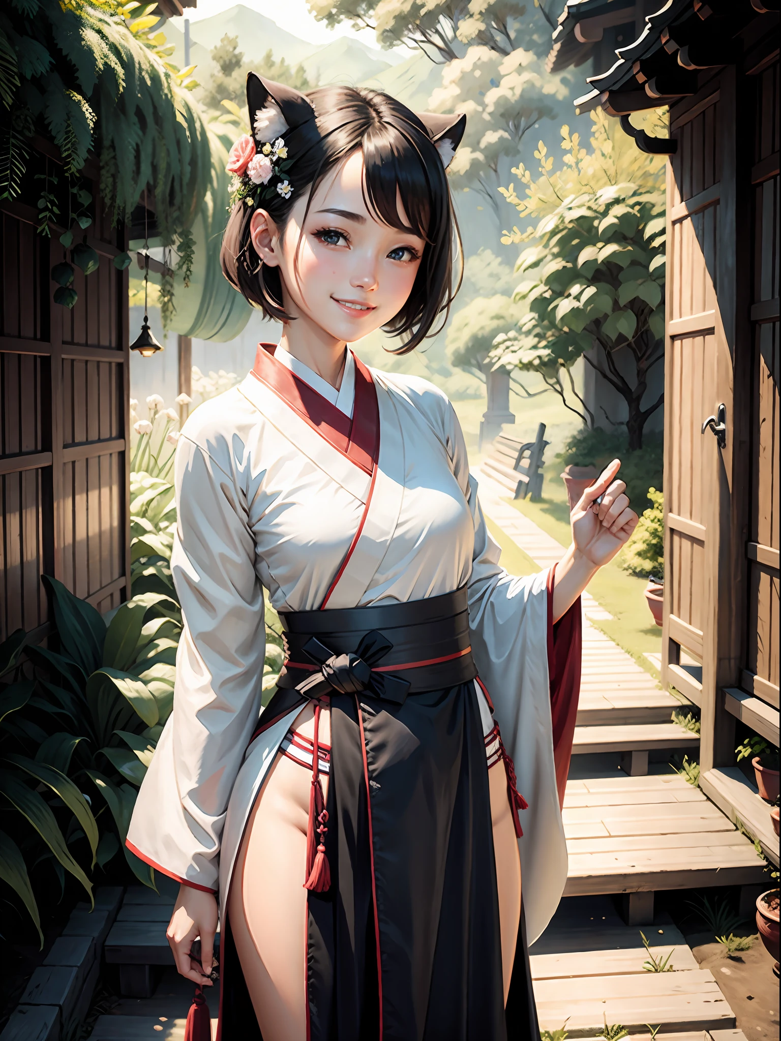 (masterpiece),best quality,good anatomy, shuimobysim,(1 girl:1), (upper body),(smile),short hair,(hanfu),(ecchi0.5), (trees:0.5), (flowers:0.6) ,(wooden house:0.2),(bamboo forest:0.2),(creek:0.2),(river:0.2),