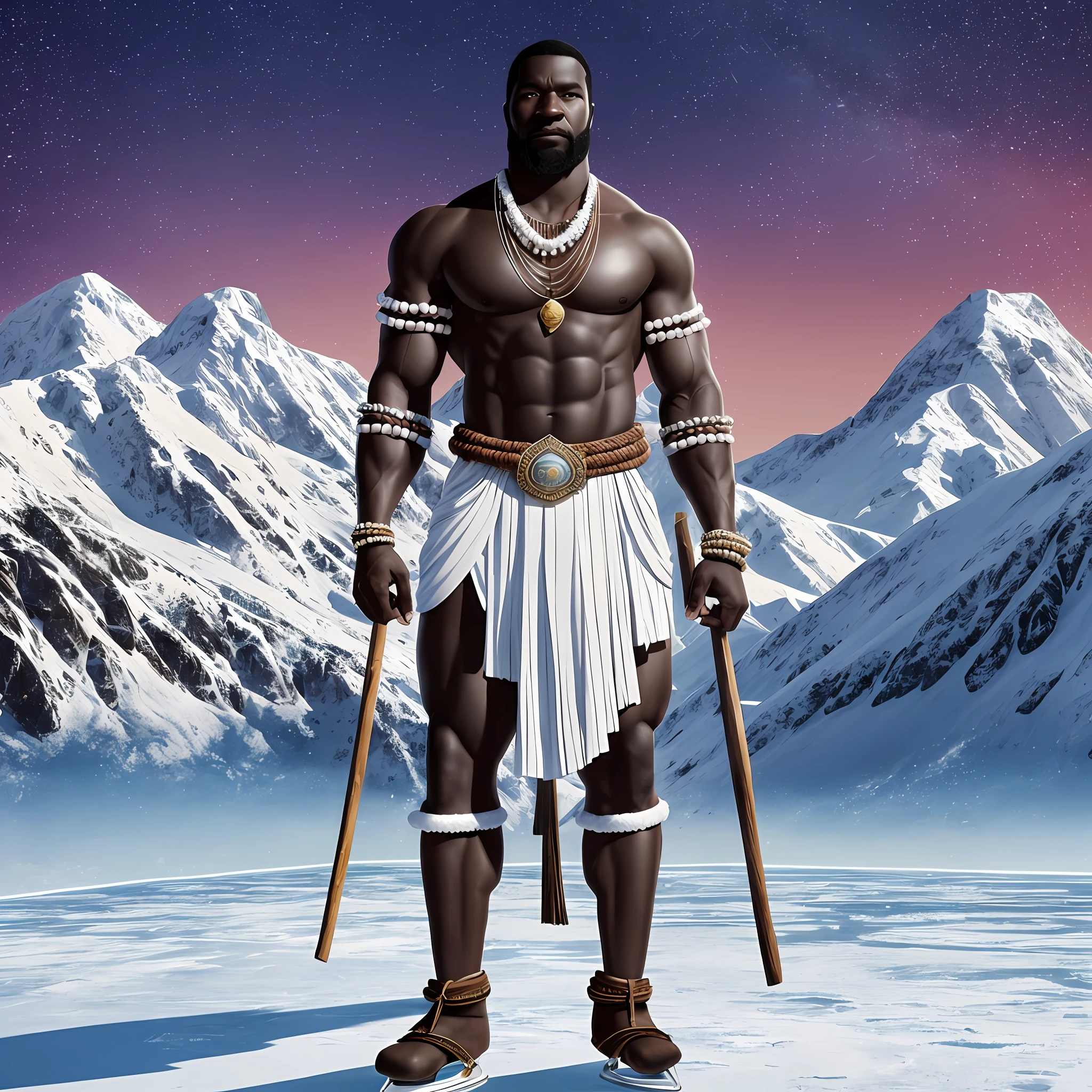 Generate a perfect image of realistic Oxaguiã, portrayed as
a strong man with impeccable black skin. Eyes turn dark. your face exudes
wisdom and power with shining eyes. The emphasis is on the serenity of the look, with well-defined contrast. He wears a
simple foot-length white mantle and a delicate necklace with blue and white beads.
With feet on the ground. He is standing on an ice surface, looking at the horizon. The background is a landscape of snow-capped mountains and a clear sky. --auto --s2