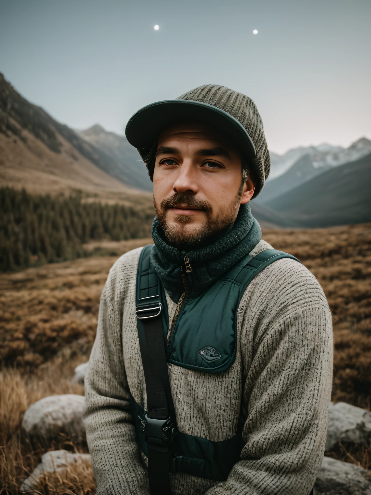 1 man((upper body selfie, happy)), masterpiece, best quality, ultra-detailed, solo, outdoors, (night), mountains, nature, (stars, moon) cheerful, happy, backpack, sleeping bag, camping stove, water bottle, mountain boots, gloves, sweater, hat, flashlight, forest, rocks, river, wood, smoke, shadows, contrast, clear sky, analog style (look at viewer:1.2) (skin texture) (film grain:1.3), (warm hue, warm tone) :1.2), close up, cinematic light, sidelighting, ultra high res, best shadow, RAW, upper body, old man, wearing pullover