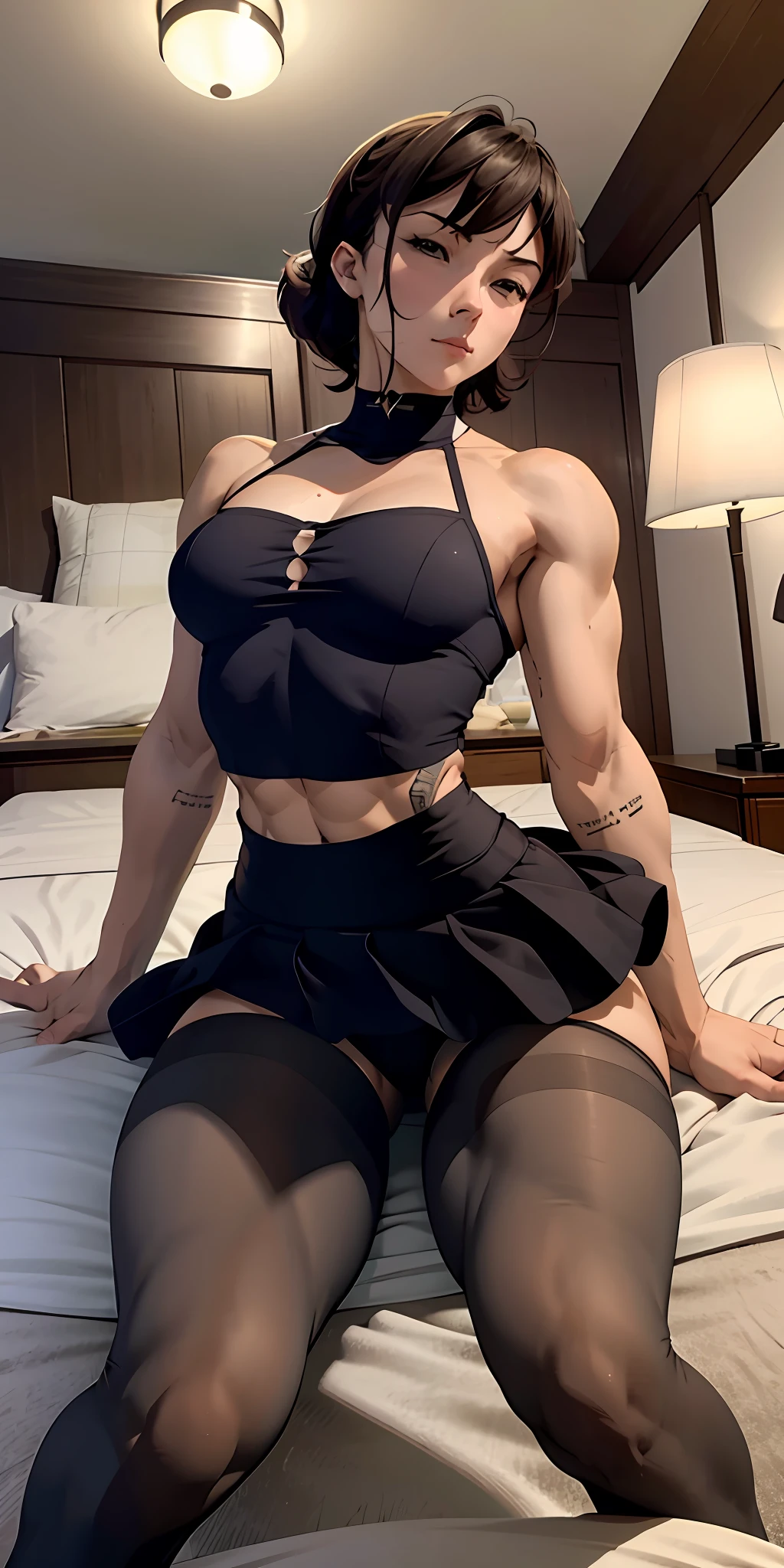 beautiful face, serious face, perfect body, fit body, abdomen, small chest, muscular, broad shoulders, big shoulders, big thighs, ass, maid, mini skirt, top, pantyhose, bottom: bed, sitting