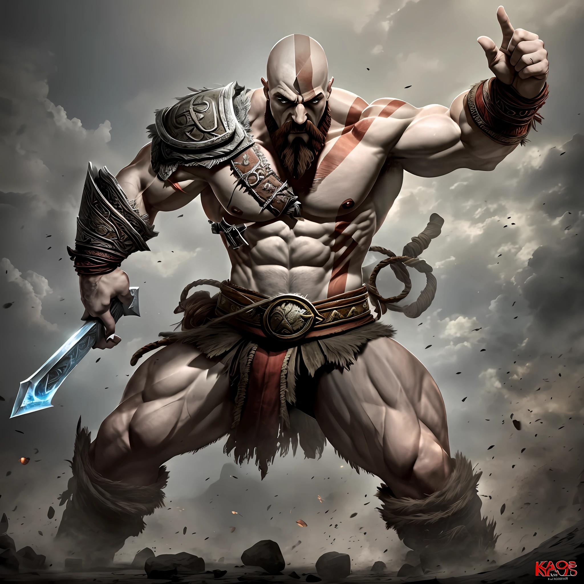 Kratos God of War, action scene, attack position, furious, full body, centered image, dynamic angle --auto --s2