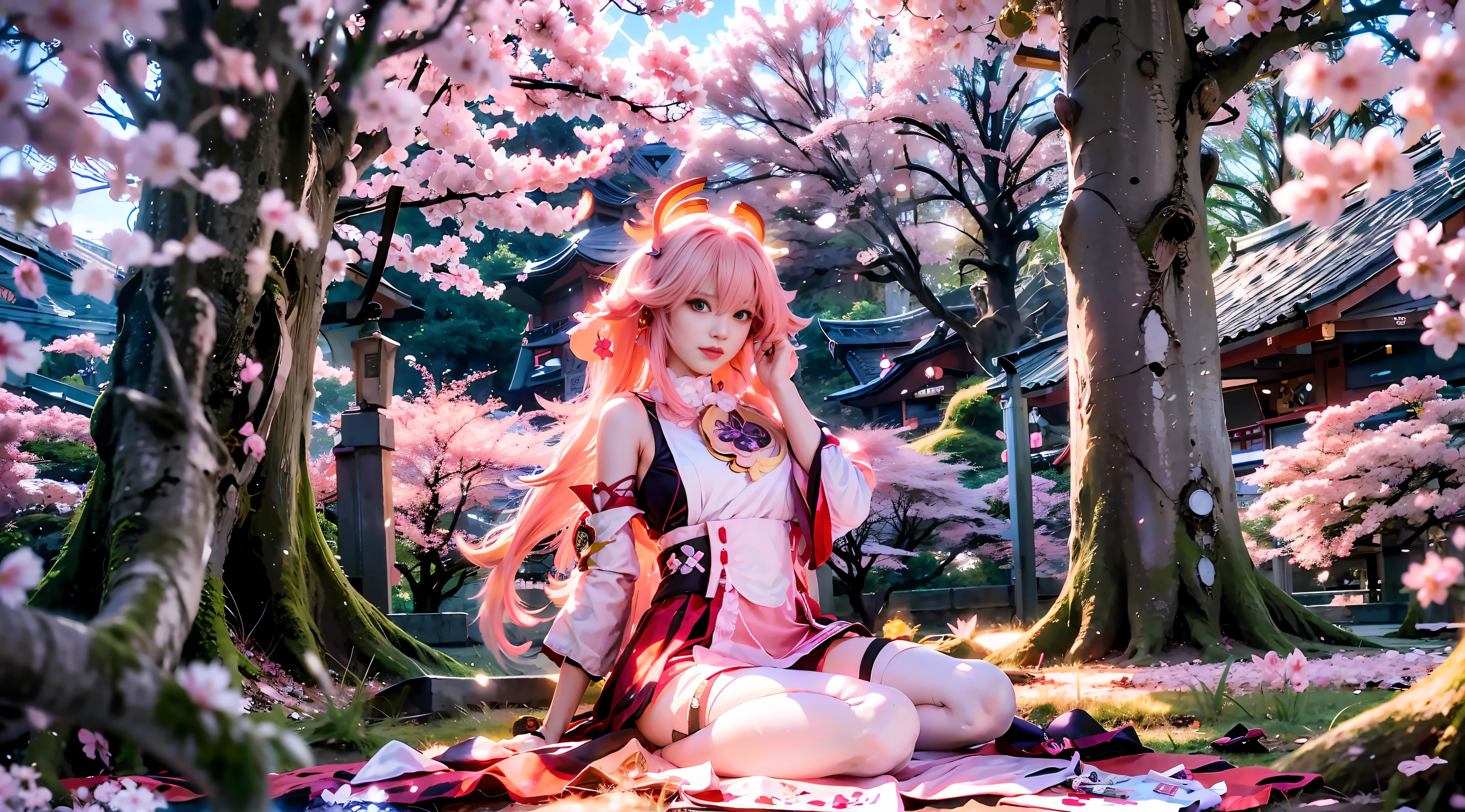 Anime girl poses on the cherry blossom ground in a pink dress, Kokiyo from Genshin Impact, Nakari from Genshin Impact, Barbie in white stockings, from Azure Lane video game, Ki no Sakura, popular on CGSTATION, Ayaka Genshin Impact, Ayaka Game Genshin Impact, sitting, lights hitting important places