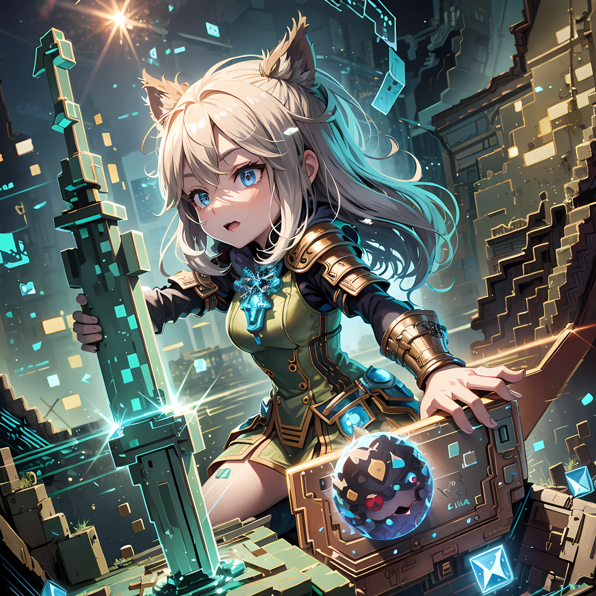 anime girl with a sword and a box in a city, trending on artstation pixiv, kawacy, detailed digital anime art, 2. 5 d cgi anime fantasy artwork, high detailed official artwork, armor girl, cute detailed digital art, anime fantasy illustration, digital art on pixiv, epic light novel art cover, [ trending on cgsociety ]!!