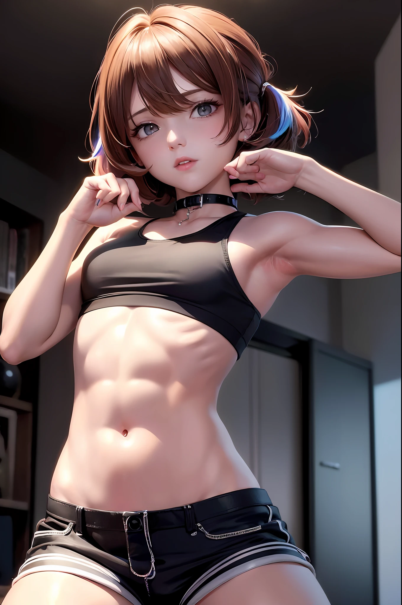 ((medium chest, tomboy, small head)), (cut abs: 1.1), (perfect body: 1.1), (short wavy hair: 1.2), auburn hair, collar, chain, full body, workout , sweat, femboy, futa ((shorts)), (extremely detailed CG 8k wallpaper), (extremely delicate and beautiful), (masterpiece), (best quality: 1.0), (ultra high resolution: 1.0), beautiful lighting, perfect lightning, realistic shadows, [high resolution], detailed skin, super detailed (((colorful)))