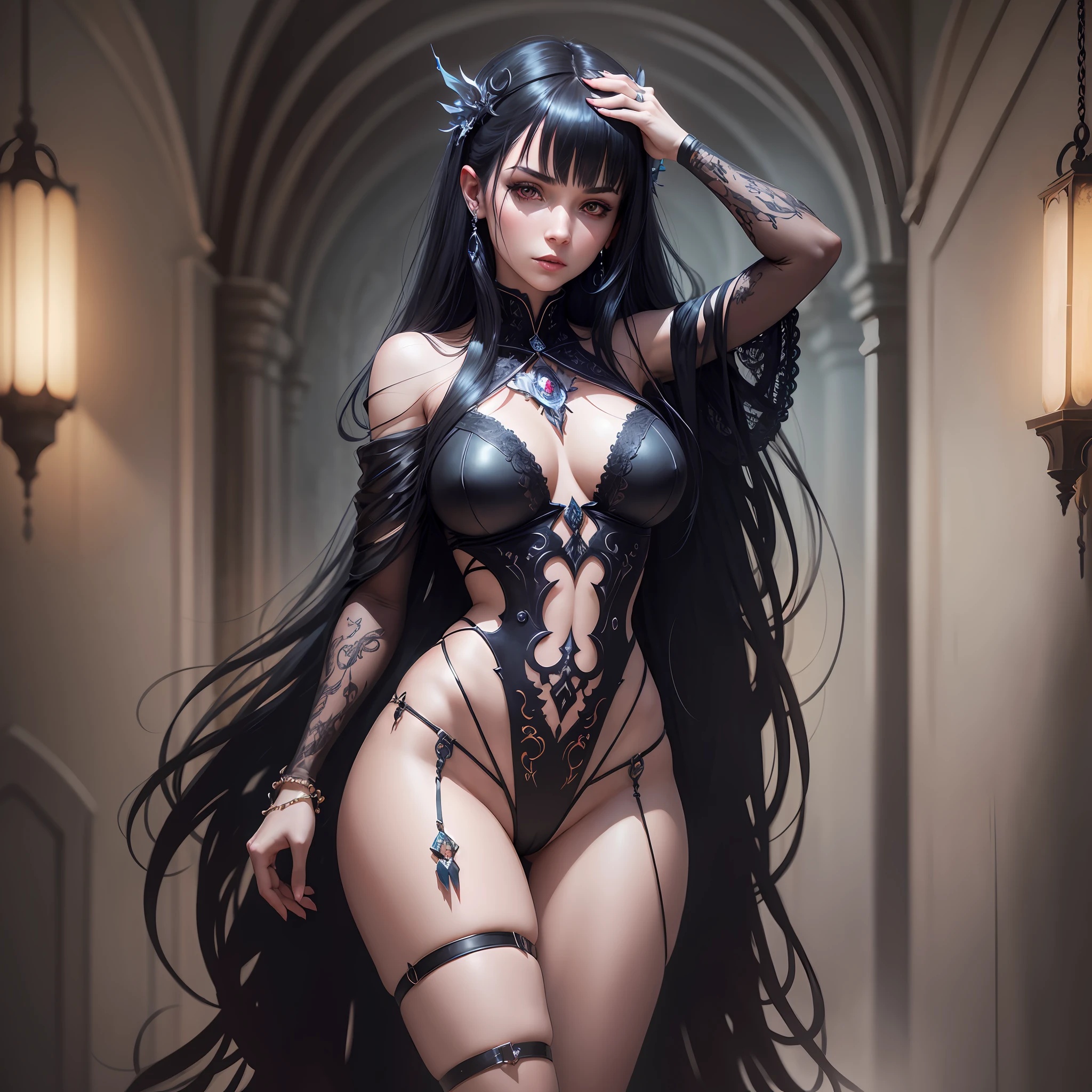 A beautiful photorealistic full body photograph of a pale vampire girl wearing delicate intricate jewelry chains and body harness standing in a dark hall, no clothes, unclothed, crimson eyes, dark tattoos, Egyptian fringe bangs black hair, dynamic pose, dark fantasy theme, mystical, Dark theme, underworld theme, deviant art masterpiece, colour grading, dark illustration, extreme quality, extremely detailed, ultra-detailed face, ultra hd 8k, dark lightning, concept art portrait by Greg Rutkowski, artgerm, hyperdetailed, intricately detailed gothic art, triadic colours, fantastical, intricate detail, complementary colours, fantasy concept art, 8k resolution, oil painting, soft lighting, film photography, analogue photography, film grain, Anna Dittmann --auto --s2