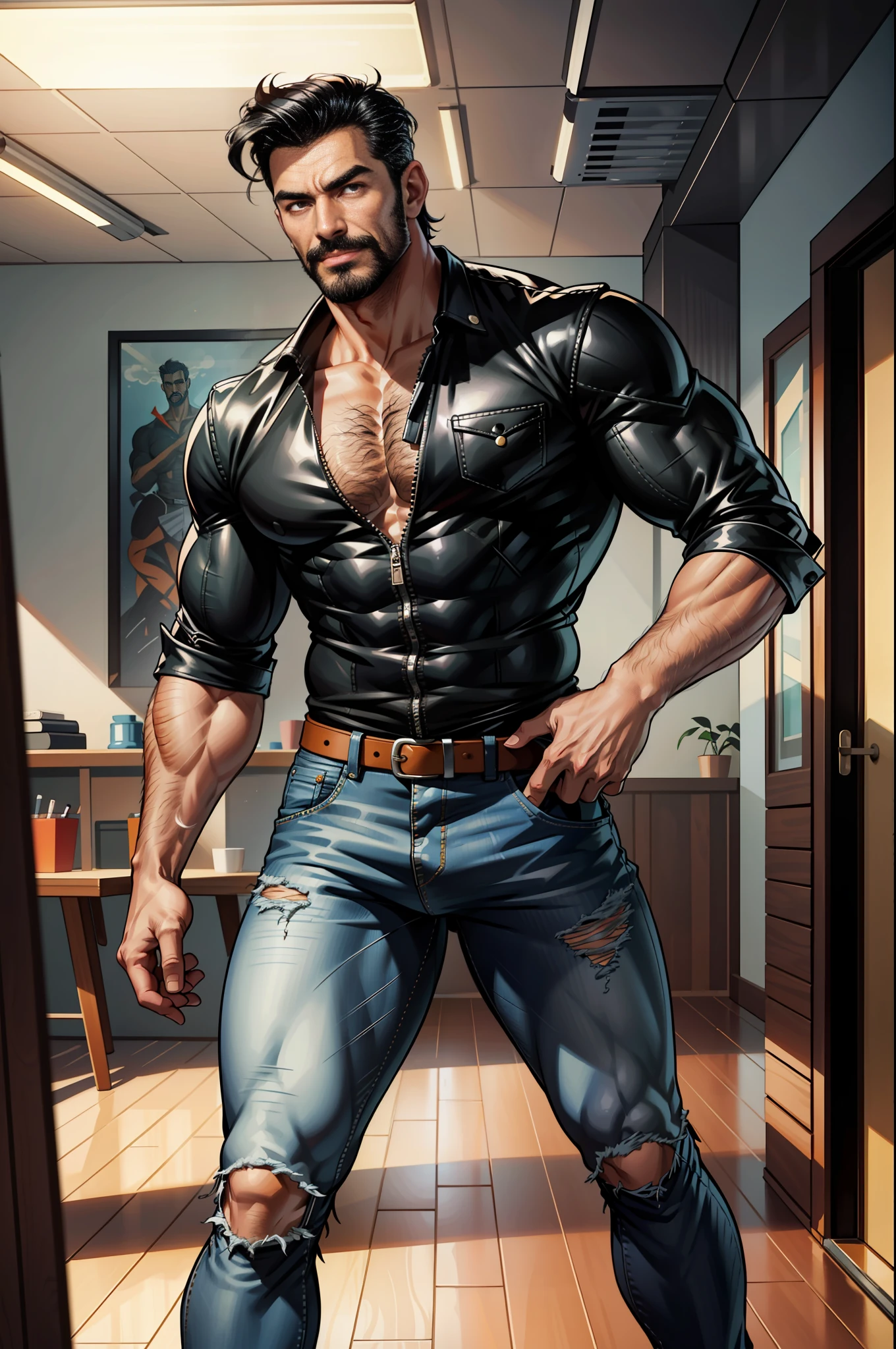 (original-art:1.2),(lineart:1.33), 1male, black hair, 1950s greaser, mature masculine muscular, handsome chisled facial features, muscular hairy body, 70s mustache, unbuttoned ripped white shirt, unzipped jeans, huge crotch bulge, sexy, hot, jock, erotic, (hyperdefined),(inked-art), hero-angle, masculine stance, erotica, full body shot, cartoon, indoor, dramatic lighting, sidelighting,complex lighting,(full vibrant colors),hatched-texture,(fine-details:1.2),absurdres,flat-colors,ultradetailed, city street,