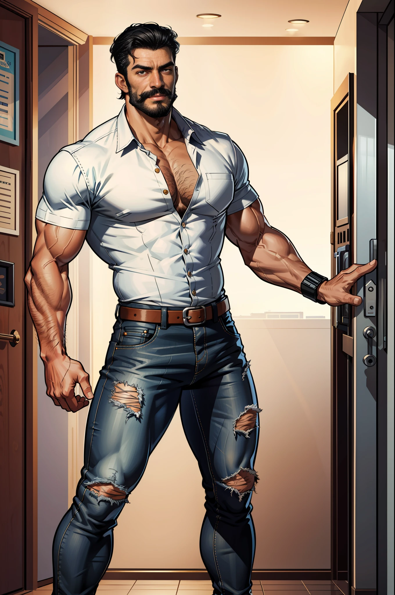 (original-art:1.2),(lineart:1.33), 1male, black hair, 1950s greaser, mature masculine muscular, handsome chisled facial features, muscular hairy body, 70s mustache, unbuttoned ripped white shirt, unzipped jeans, huge crotch bulge, sexy, hot, jock, erotic, (hyperdefined),(inked-art), hero-angle, masculine stance, erotica, full body shot, cartoon, indoor, dramatic lighting, sidelighting,complex lighting,(full vibrant colors),hatched-texture,(fine-details:1.2),absurdres,flat-colors,ultradetailed, city street,