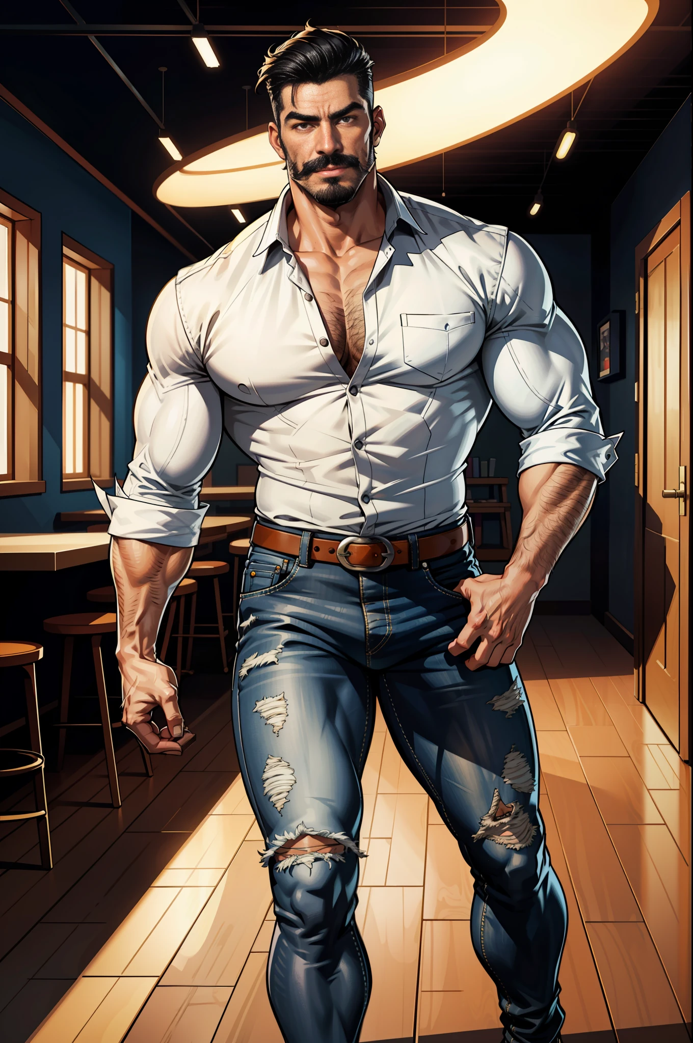 (original-art:1.2),(lineart:1.33), 1male, black hair, 1950s greaser, mature masculine muscular, handsome chisled facial features, muscular hairy body, 70s mustache, unbuttoned ripped white shirt, unzipped jeans, huge crotch bulge, sexy, hot, jock, erotic, (hyperdefined),(inked-art), hero-angle, masculine stance, erotica, full body shot, cartoon, indoor, dramatic lighting, sidelighting,complex lighting,(full vibrant colors),hatched-texture,(fine-details:1.2),absurdres,flat-colors,ultradetailed, city street,