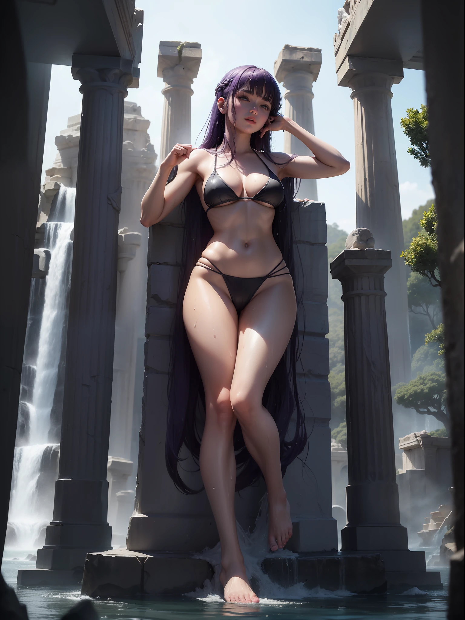 ((Full body image, feet on the ground, front view)). Samanta/woman, she has very large breasts, is wearing extremely small black/bikini, extremely exhibitionist, extremely tight on the body. ((It is in the temple of Poseidon, with a stone statue of Poseidon with several waterfalls)). ((She has very short purple hair}, blue eyes, her hair and body are very wet)). She is staring at the viewer, smiling, holding ninja weapons, clenched fists, fighting position, flushed face, anime, mortal kombat, 16k, high quality, high details, award winning, highres, textured skin, anatomically correct, masterpiece, ccurate, UHD
