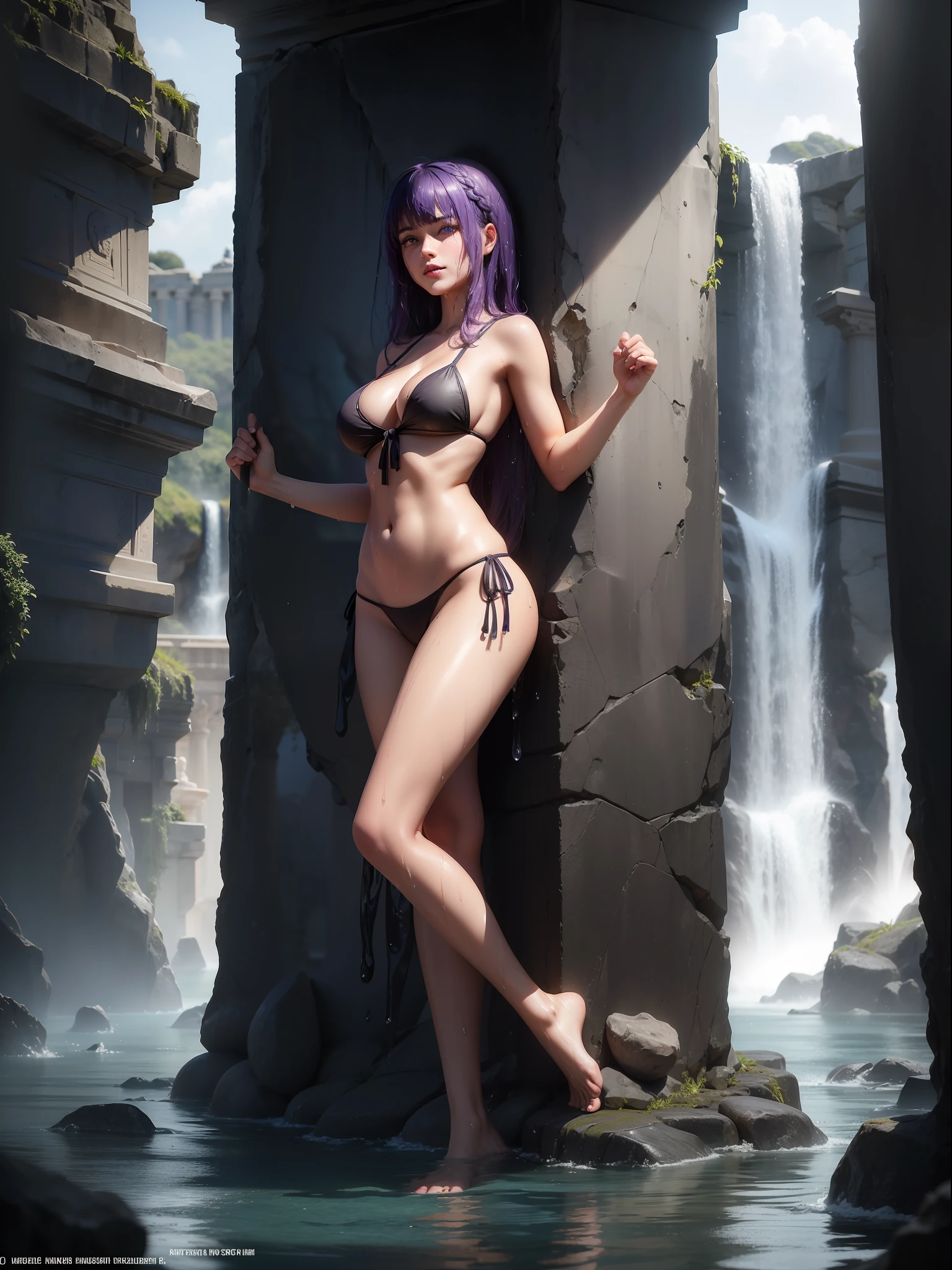 ((Full body image, feet on the ground, front view)). Samanta/woman, she has very large breasts, is wearing extremely small black/bikini, extremely exhibitionist, extremely tight on the body. ((It is in the temple of Poseidon, with a stone statue of Poseidon with several waterfalls)). ((She has very short purple hair}, blue eyes, her hair and body are very wet)). She is staring at the viewer, smiling, holding ninja weapons, clenched fists, fighting position, flushed face, anime, mortal kombat, 16k, high quality, high details, award winning, highres, textured skin, anatomically correct, masterpiece, ccurate, UHD
