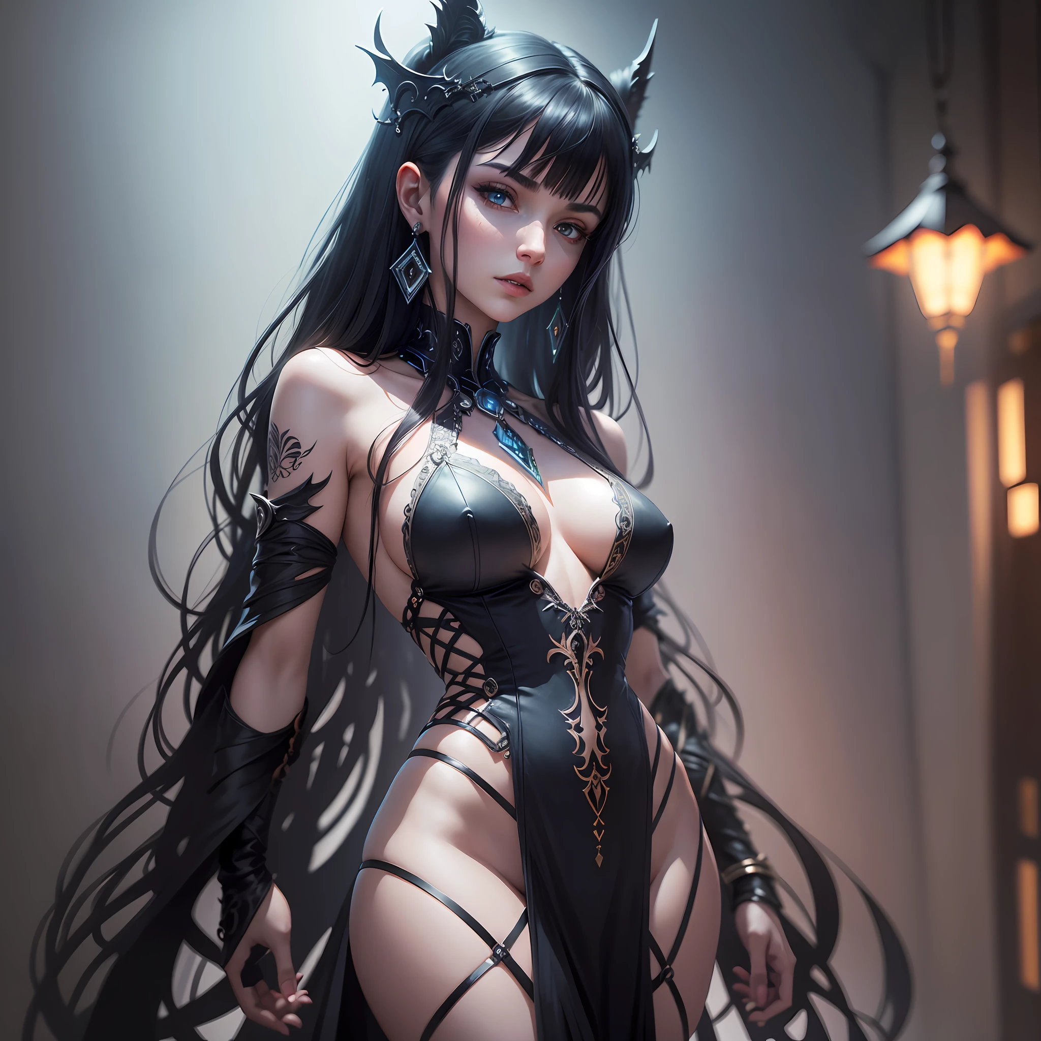 A beautiful photorealistic full body photograph of a pale vampire girl wearing delicate intricate jewelry chains and body harness standing in a dark hall, no clothes, unclothed, crimson eyes, dark tattoos, Egyptian fringe bangs black hair, dynamic pose, dark fantasy theme, mystical, Dark theme, underworld theme, deviant art masterpiece, colour grading, dark illustration, extreme quality, extremely detailed, ultra-detailed face, ultra hd 8k, dark lightning, concept art portrait by Greg Rutkowski, artgerm, hyperdetailed, intricately detailed gothic art, triadic colours, fantastical, intricate detail, complementary colours, fantasy concept art, 8k resolution, oil painting, soft lighting, film photography, analogue photography, film grain, Anna Dittmann --auto --s2