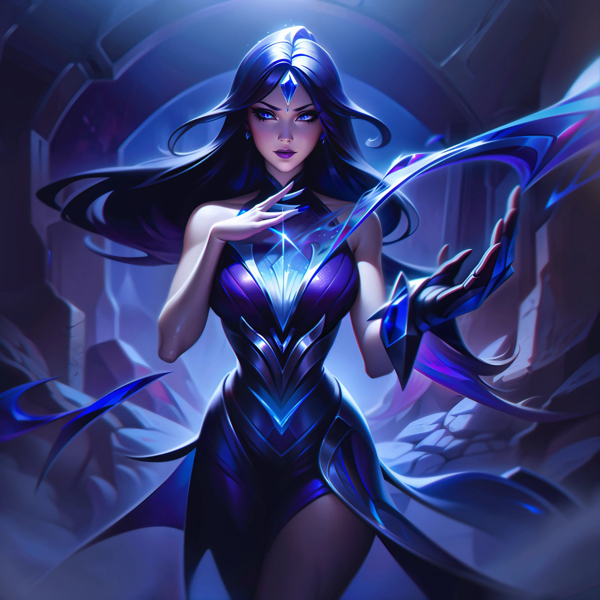 woman + sapphire + femme fatale splashart, splashart, League of Legends splashart, art, brush stroke, masterpiece, 8k, ultra detailed, HD