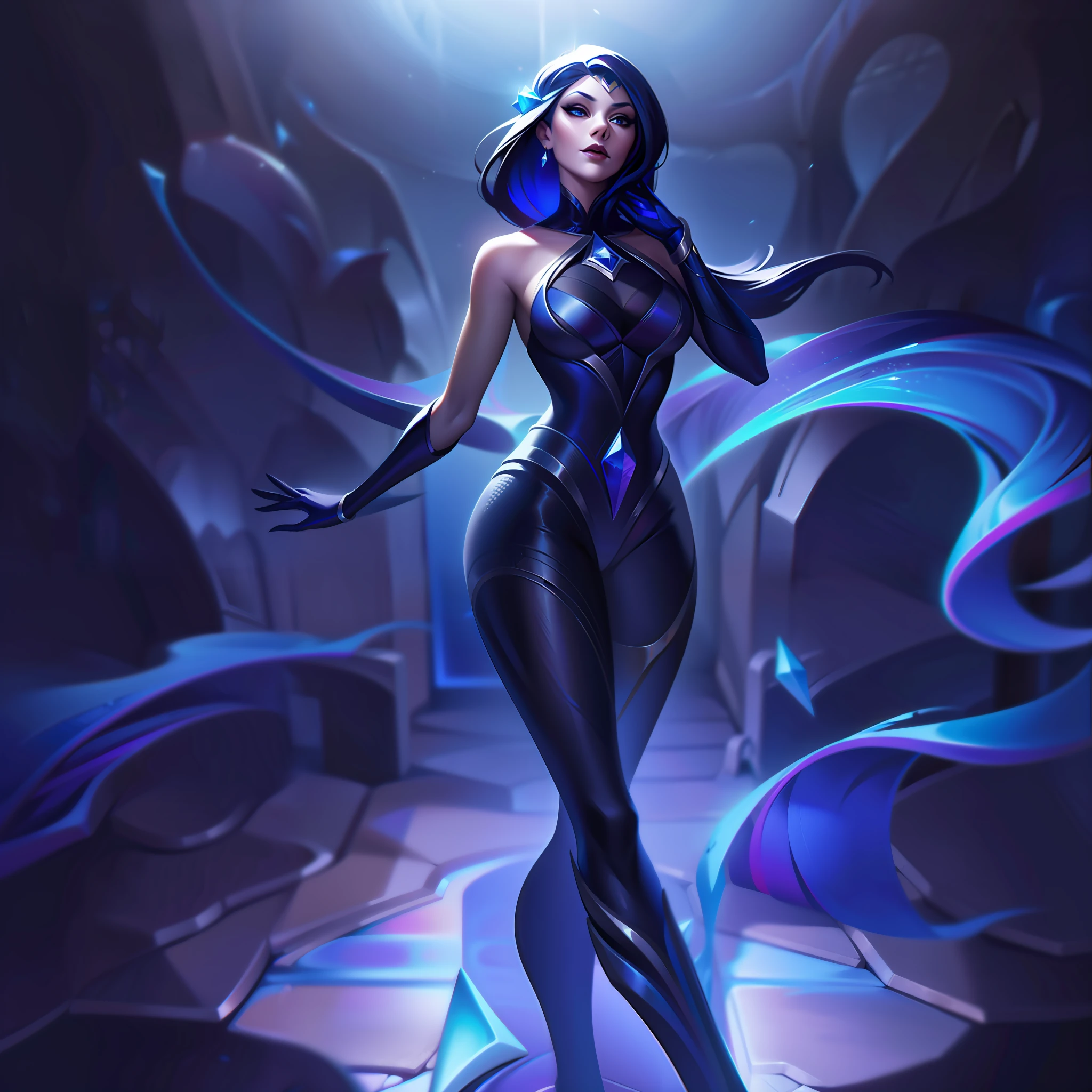 woman + sapphire + femme fatale splashart, splashart, League of Legends splashart, art, brush stroke, masterpiece, 8k, ultra detailed, HD